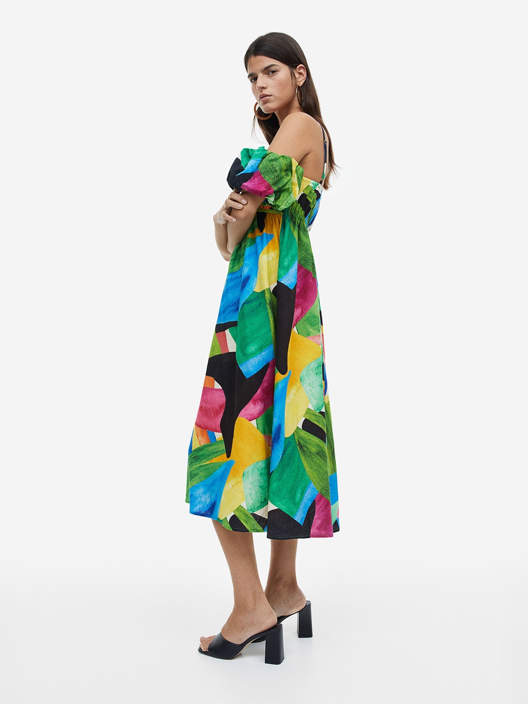 

H&M Woman Linen-blend off-the-shoulder dress, Multi