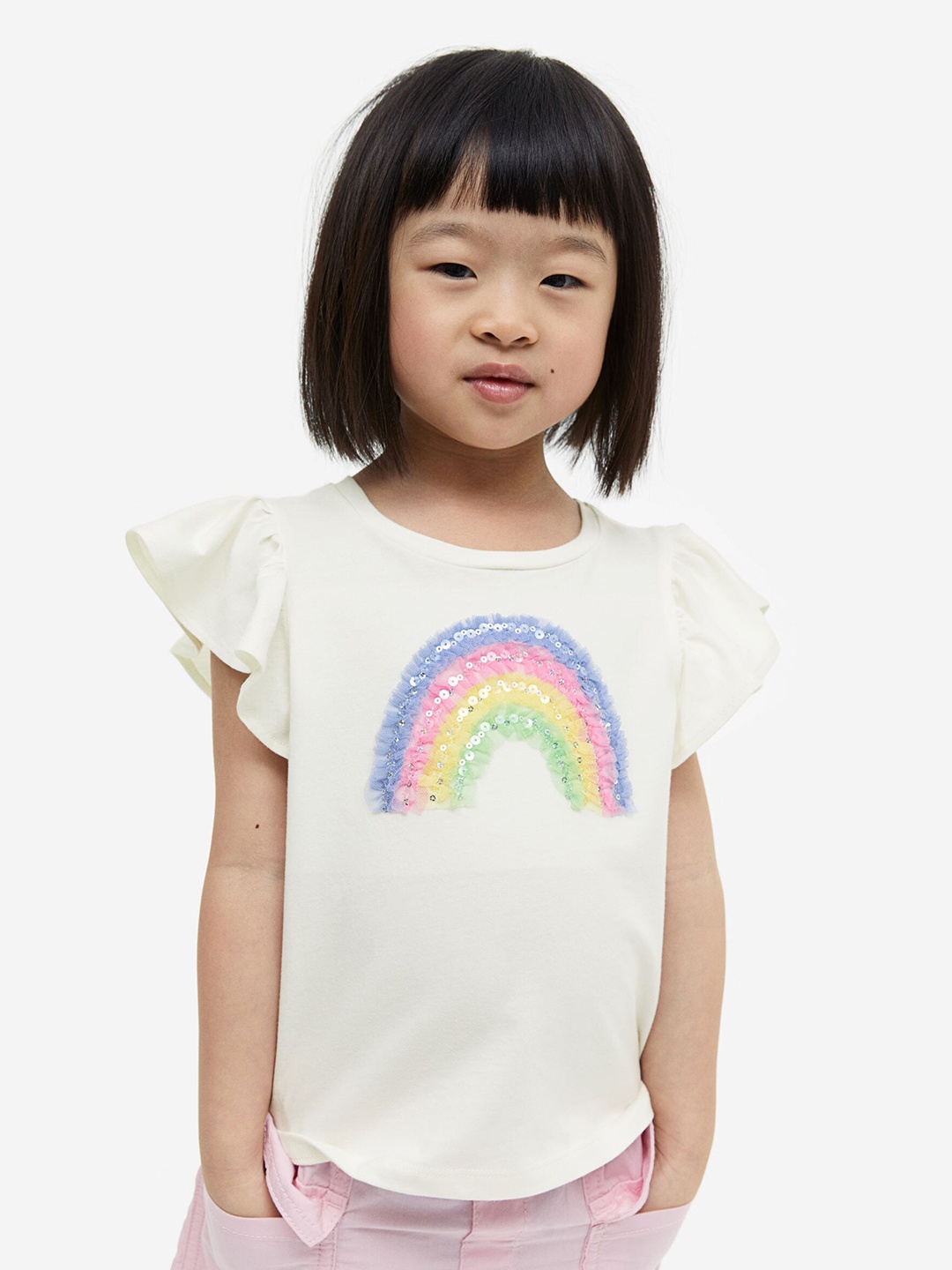 

H&M Girls Motif-detail flutter-sleeved top, Multi