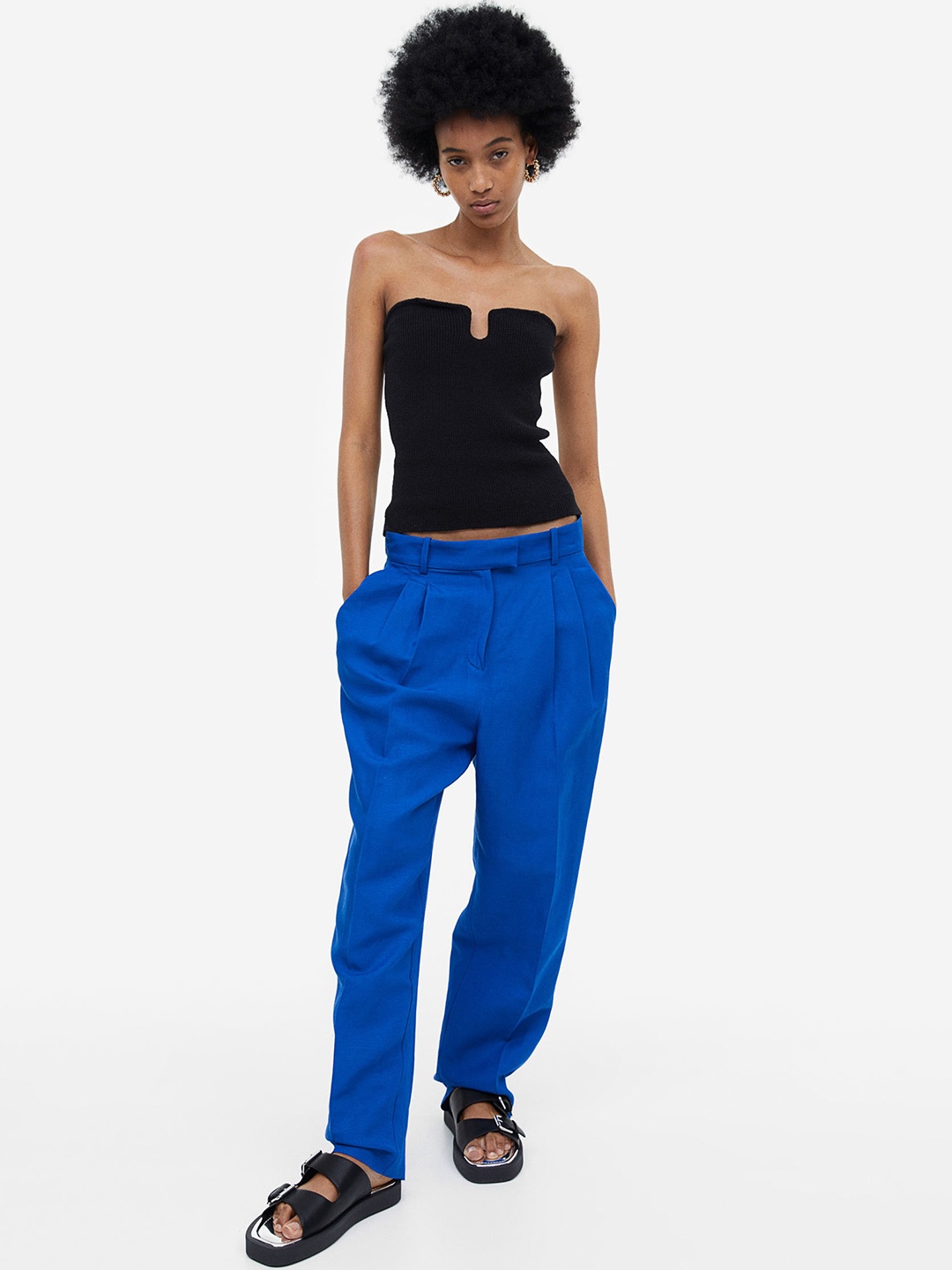 

H&M Woman Tapered linen-blend trousers, Blue