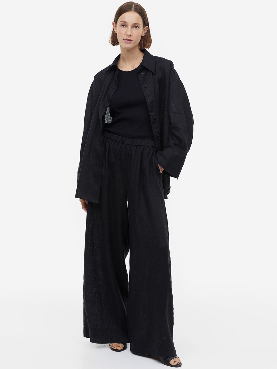 

H&M Woman Wide linen trousers, Black