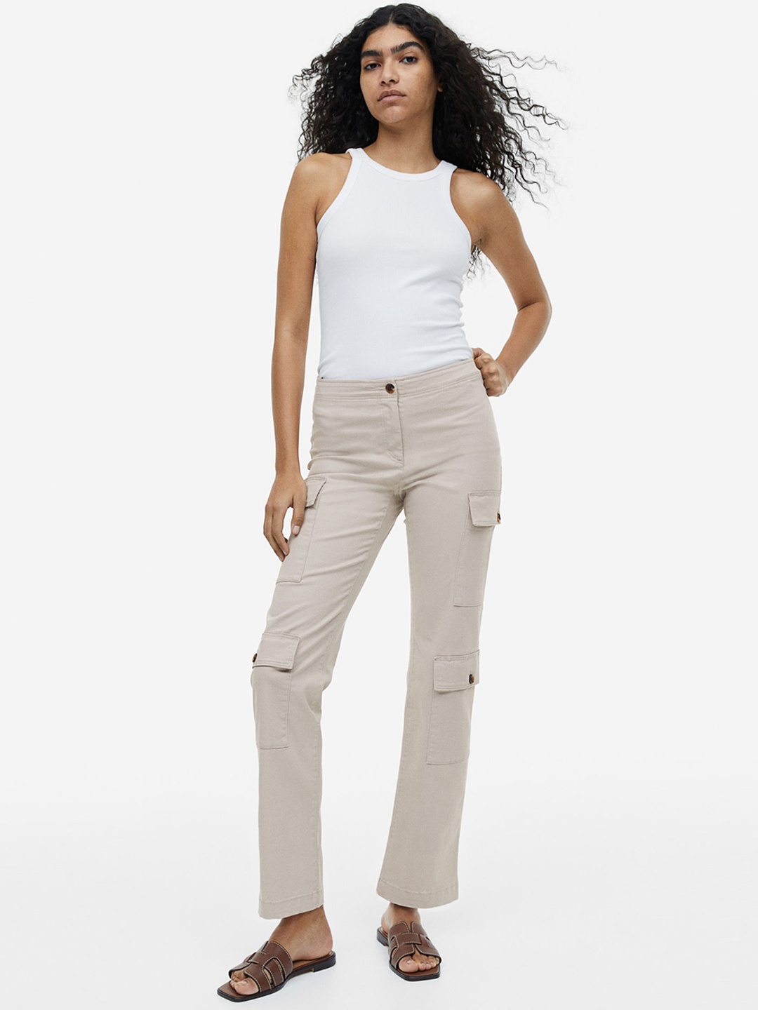 

H&M Woman Cotton twill cargo trousers, Beige