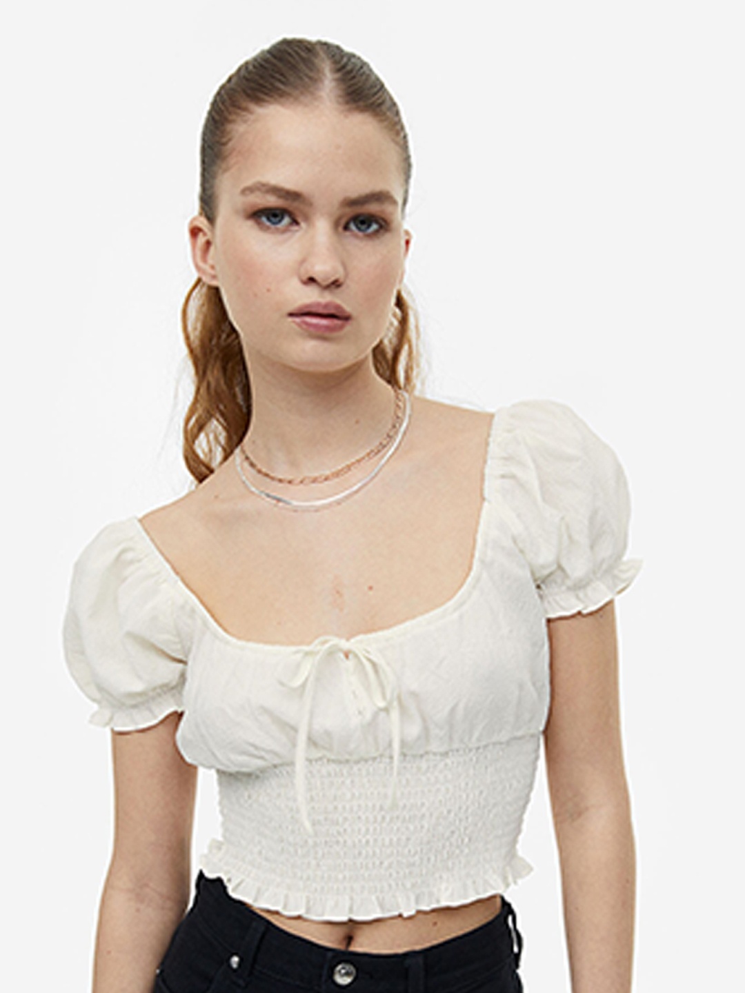 

H&M Woman Puff-sleeved smocked blouse, White