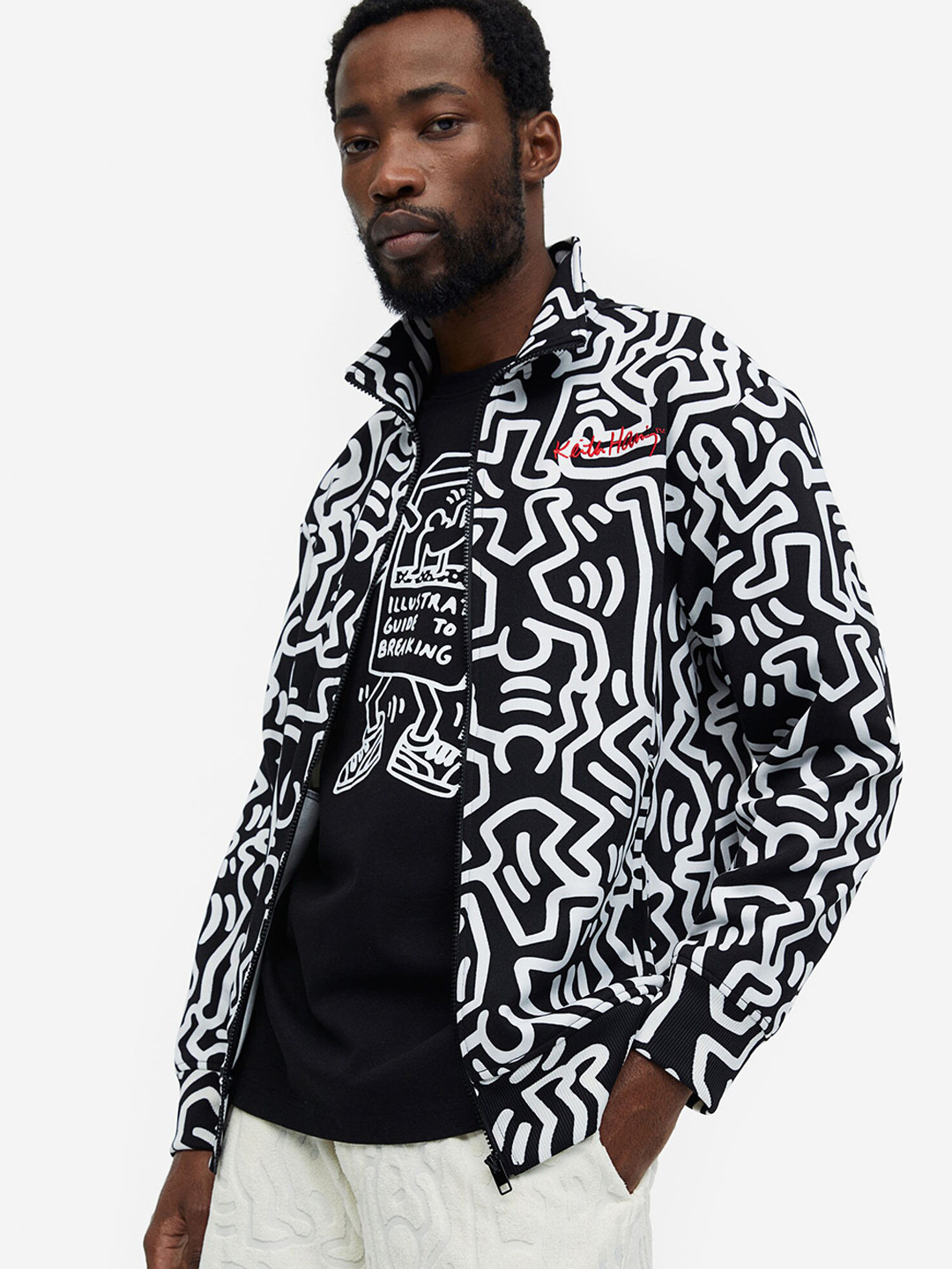 

H&M Men Relaxed Fit Patterned track jacket, Black