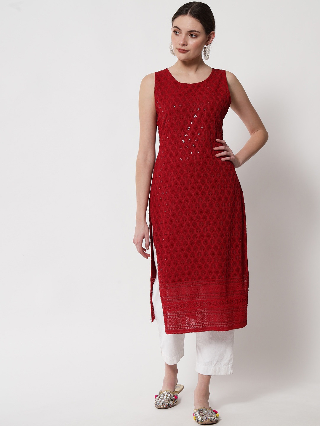 

Shopping Queen Ethnic Motifs Embroidered Sequinned Georgette Kurta, Maroon