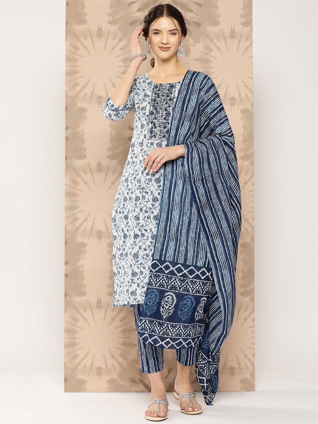 

Yufta Floral Printed Regular Pure Cotton Kurta with Trousers & With Dupatta, White