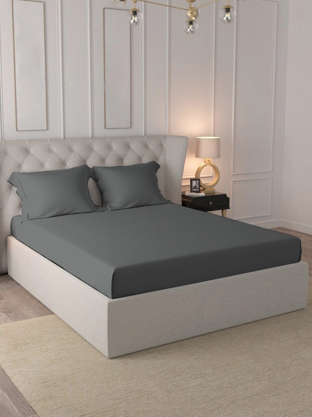 

PIZUNA LINENS Grey Cotton 400 TC King Bedsheet with 2 Pillow Covers