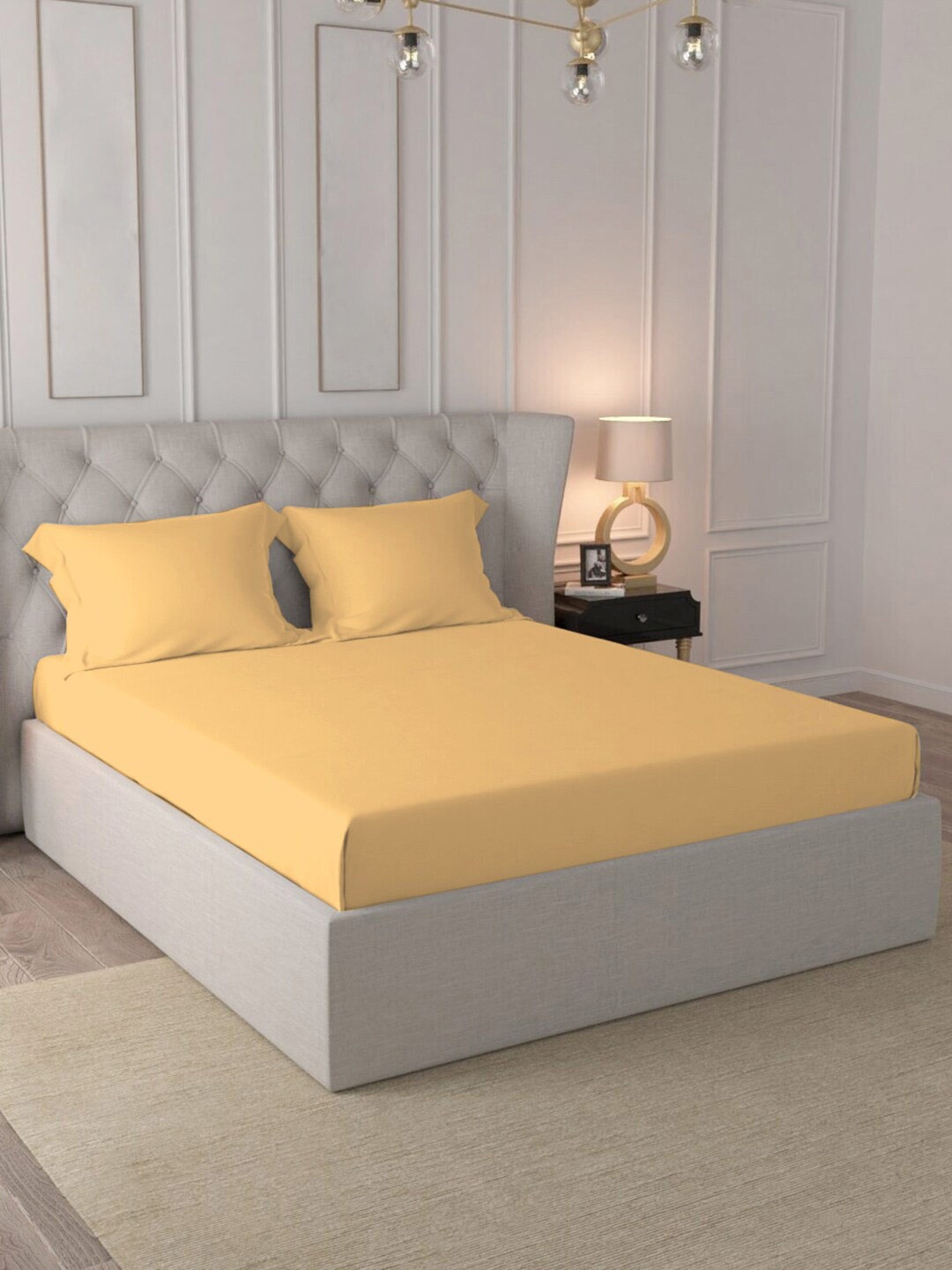 

PIZUNA LINENS Yellow Cotton 400 TC King Bedsheet with 2 Pillow Covers