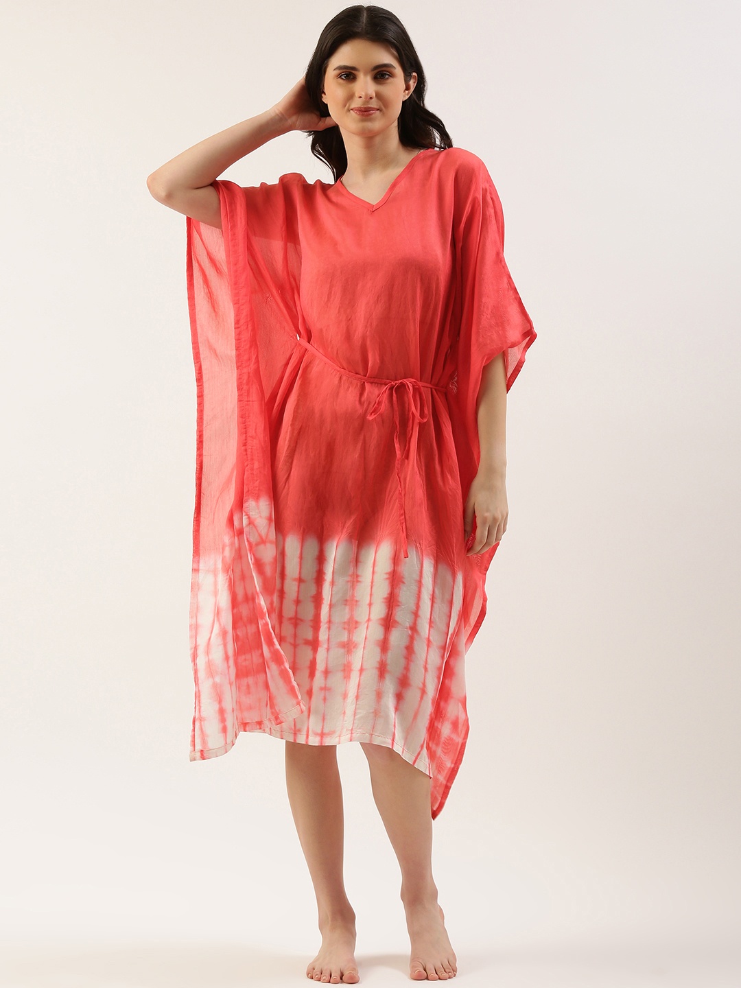 

Clt.s Tie & Dye Kaftan Midi Swimwear Cover Up Dress, Coral