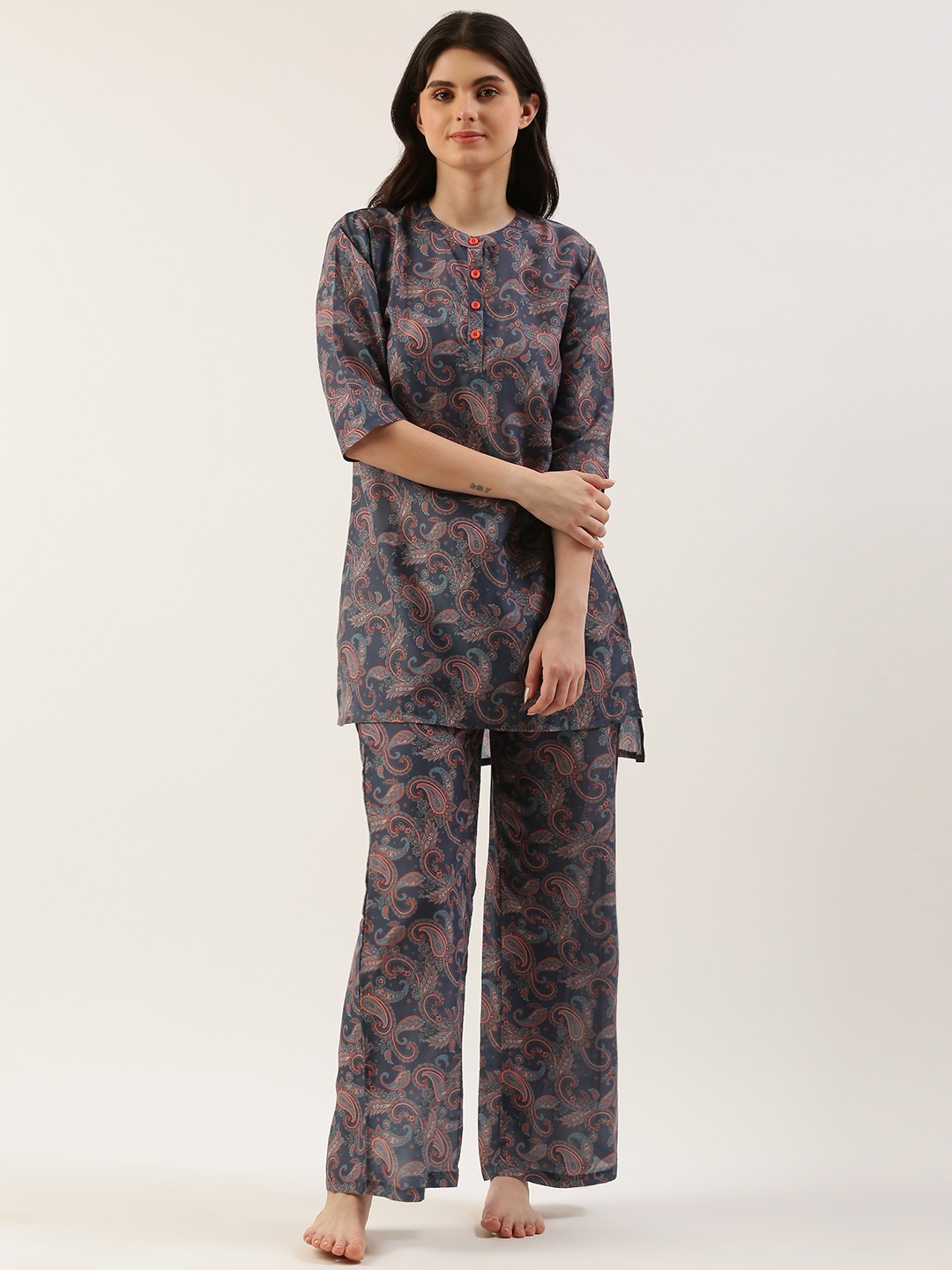 

Clt s Ethnic Motifs Printed Night Suit, Blue