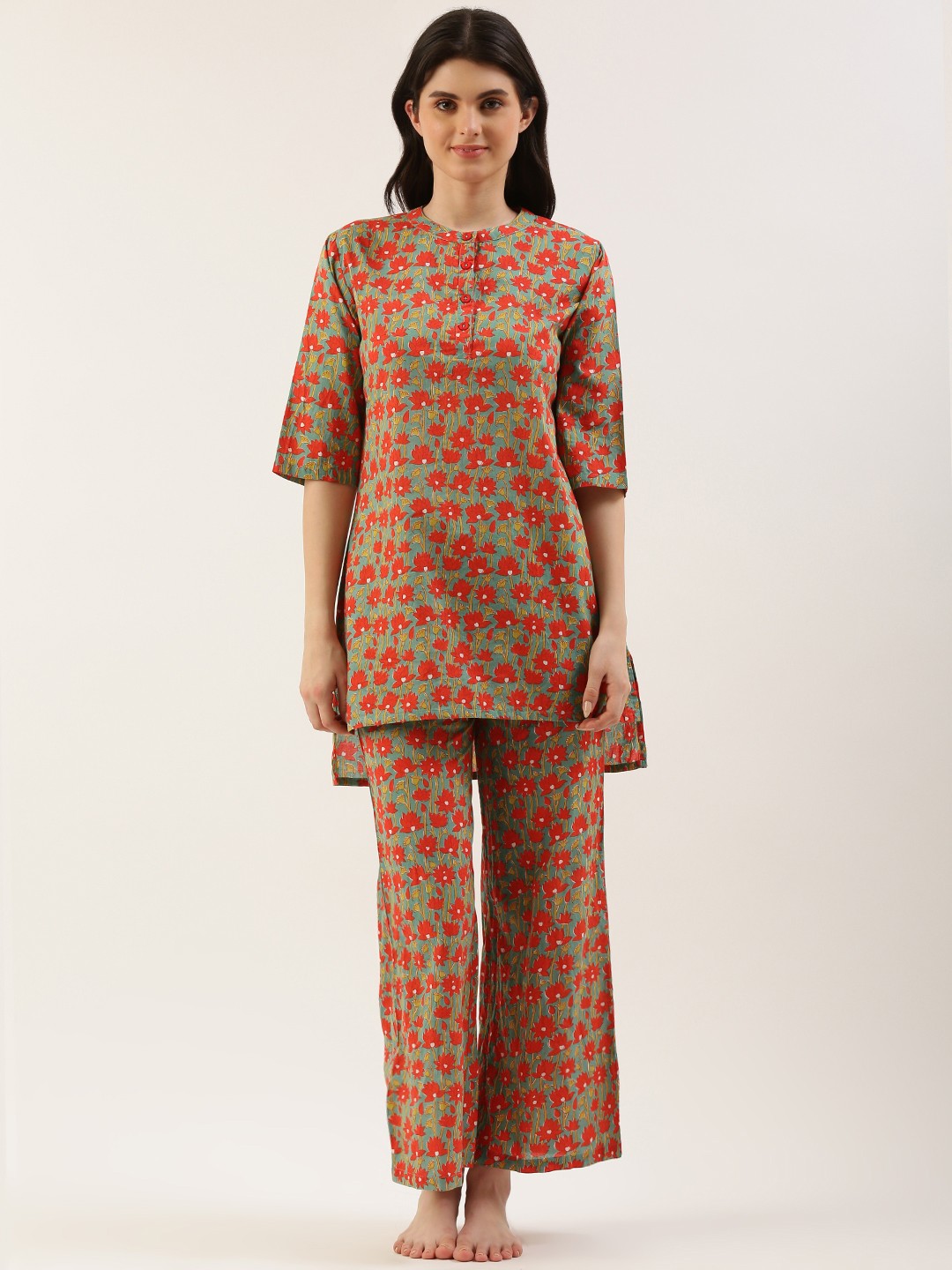 

Clt s Floral Printed Pure Cotton Night Suit, Teal