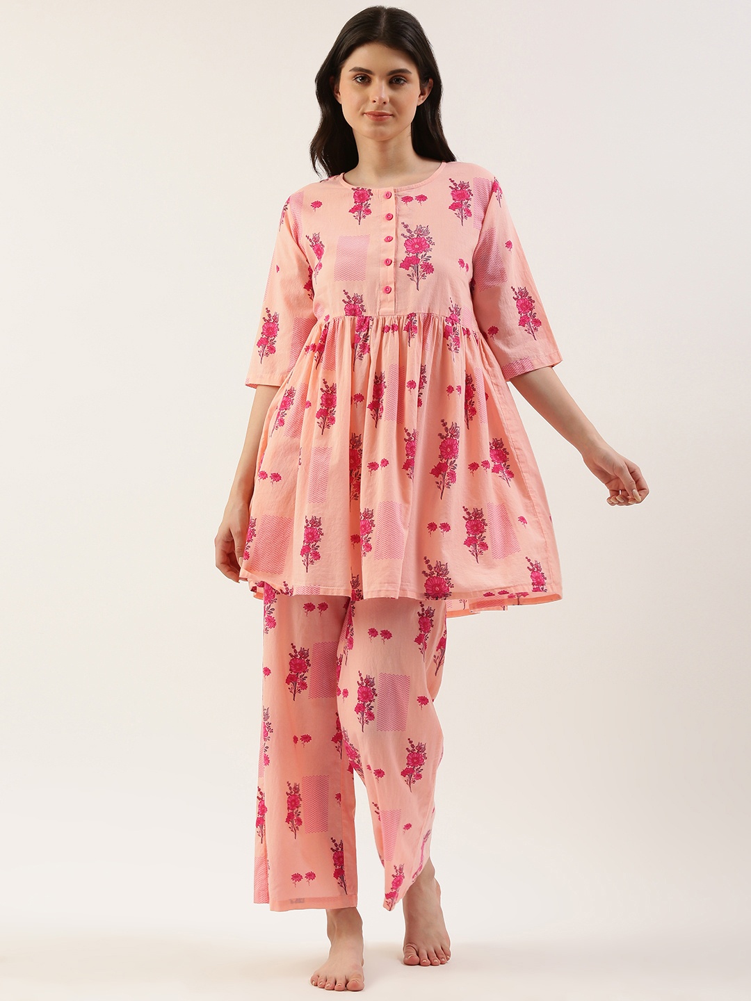 

Clt s Floral Printed Pure Cotton Night Suit, Peach