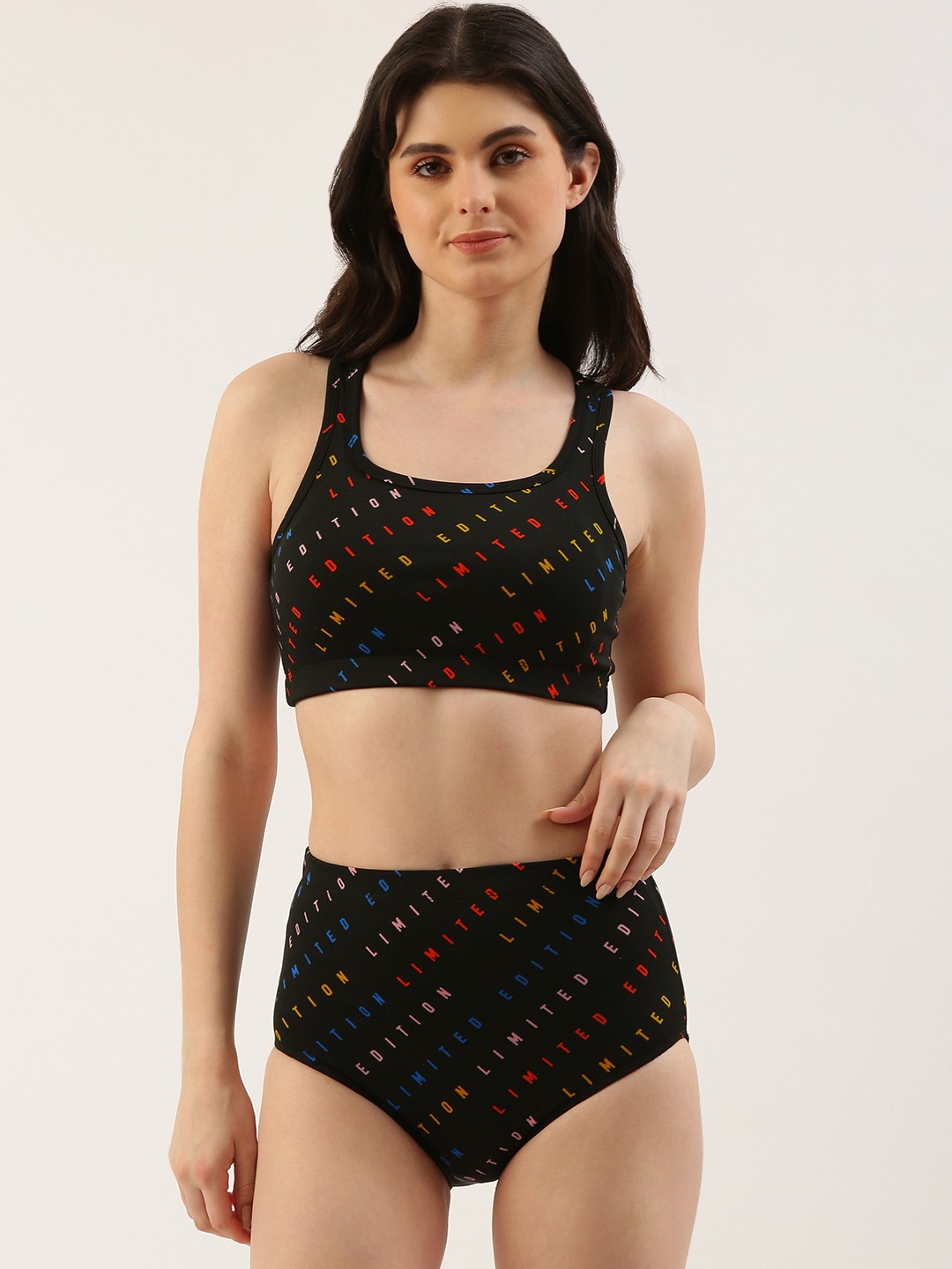 

Clt.s Typography Printed Beach Bikini Set, Black