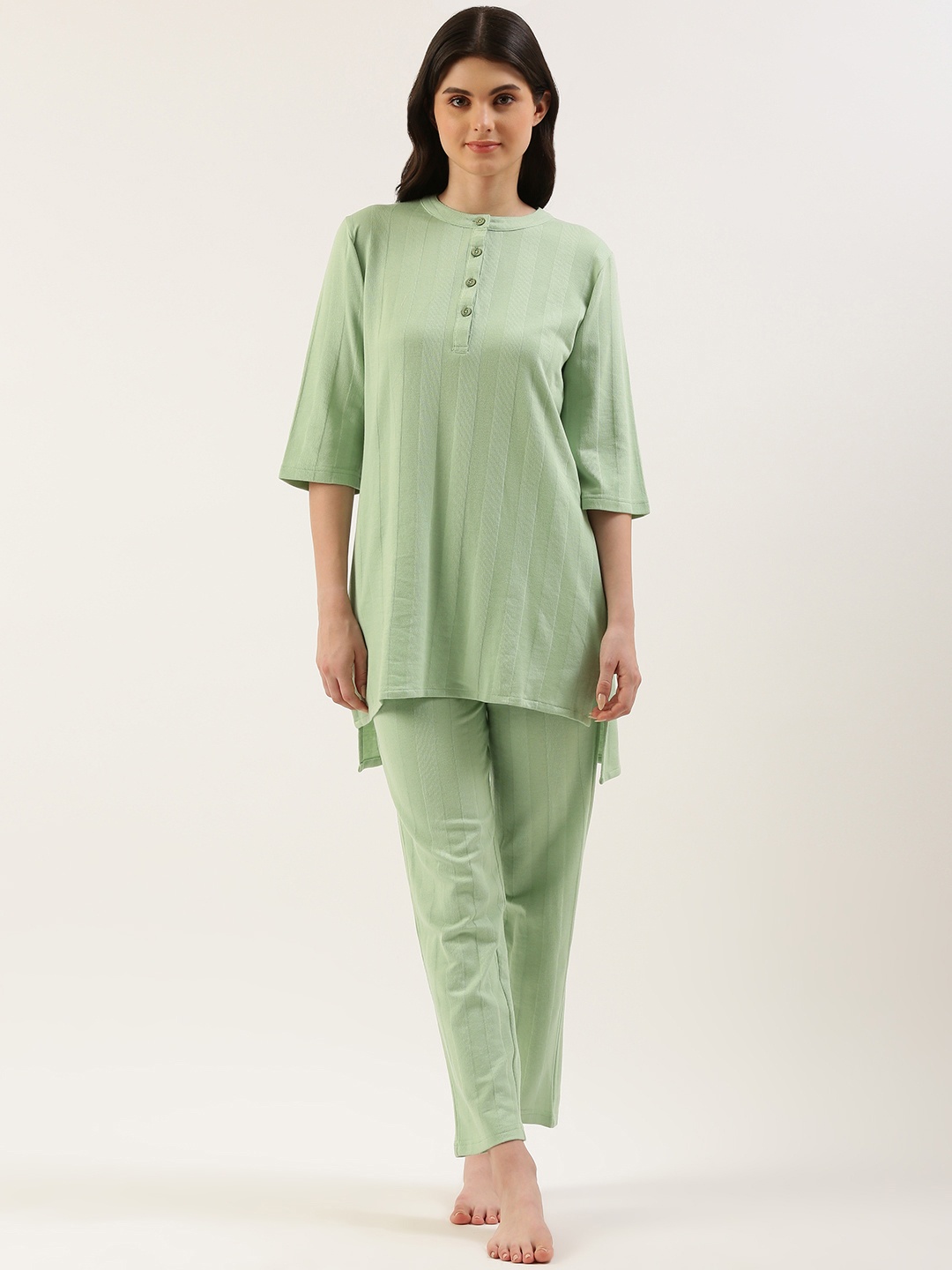 

Clt s Striped Pure Cotton Night Suit, Green