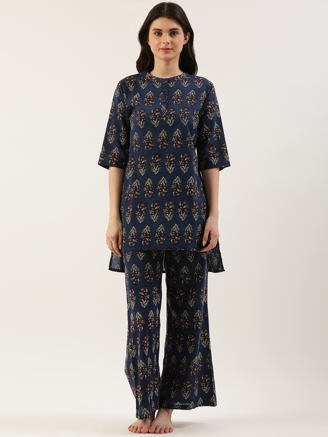 

Clt s Floral Printed Pure Cotton Night Suit, Navy blue