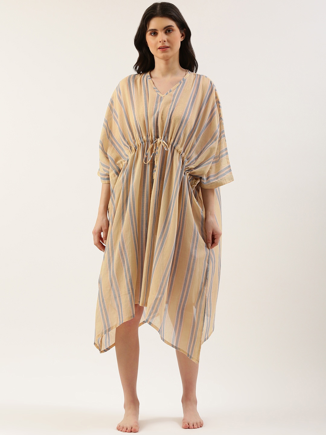 

Clt.s Striped Kaftan Swimwear Cover Up Dress, Beige