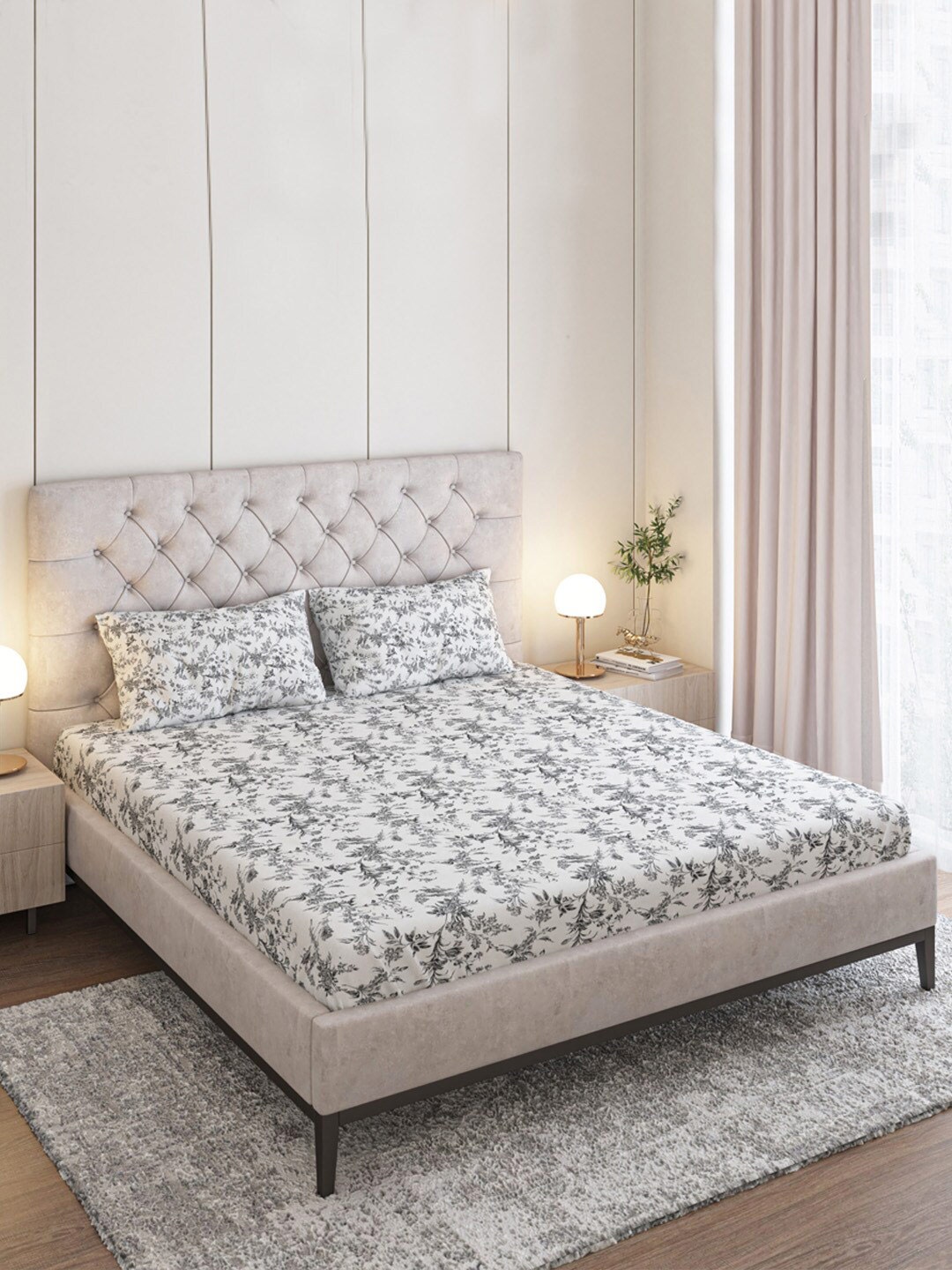 

Seevo White & Charcoal Floral Cotton 500 TC King Bedsheet with 2 Pillow Covers