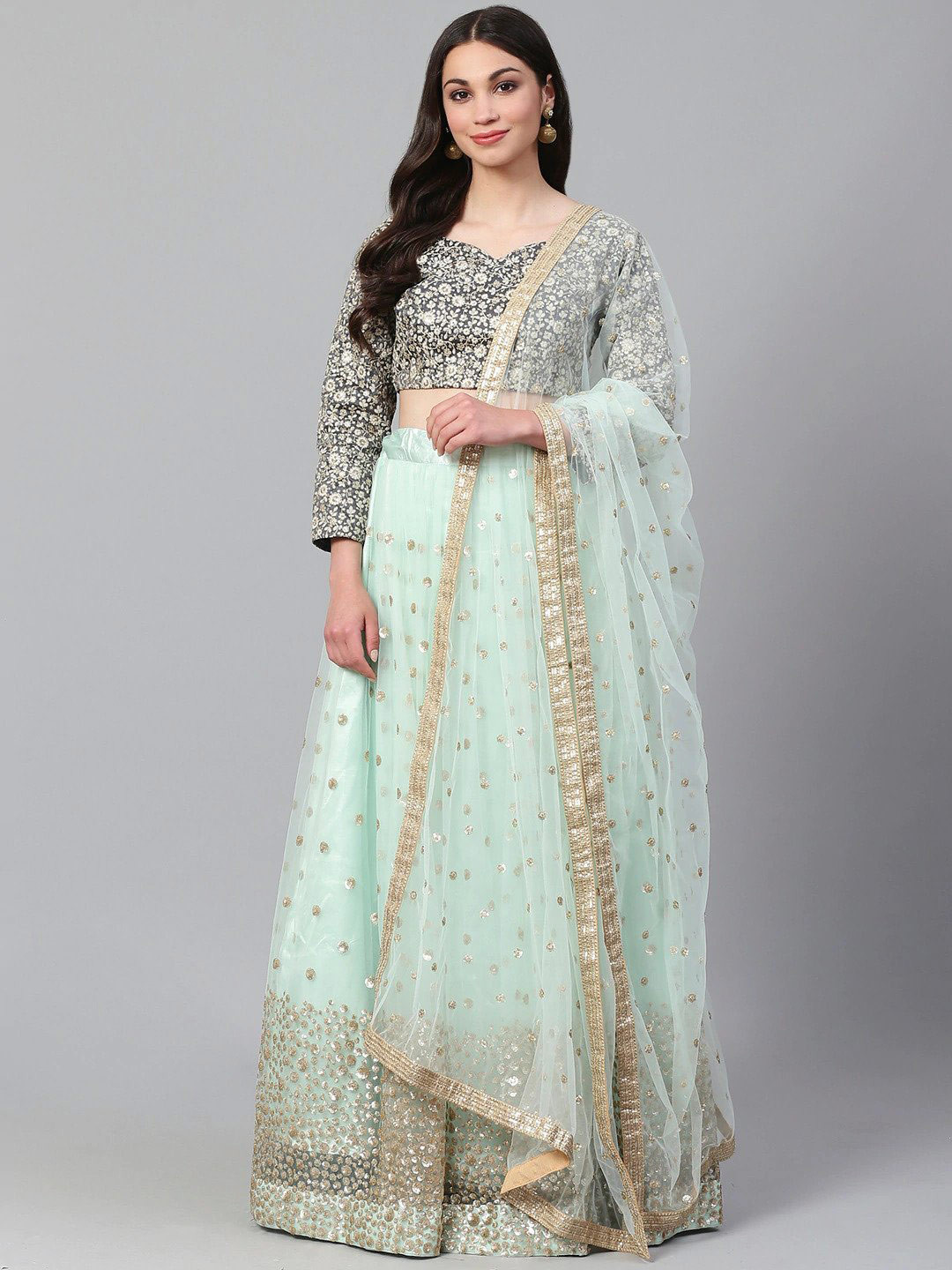 

FABPIXEL Embroidered Sequinned Semi-Stitched Lehenga & Unstitched Blouse With Dupatta, Sea green