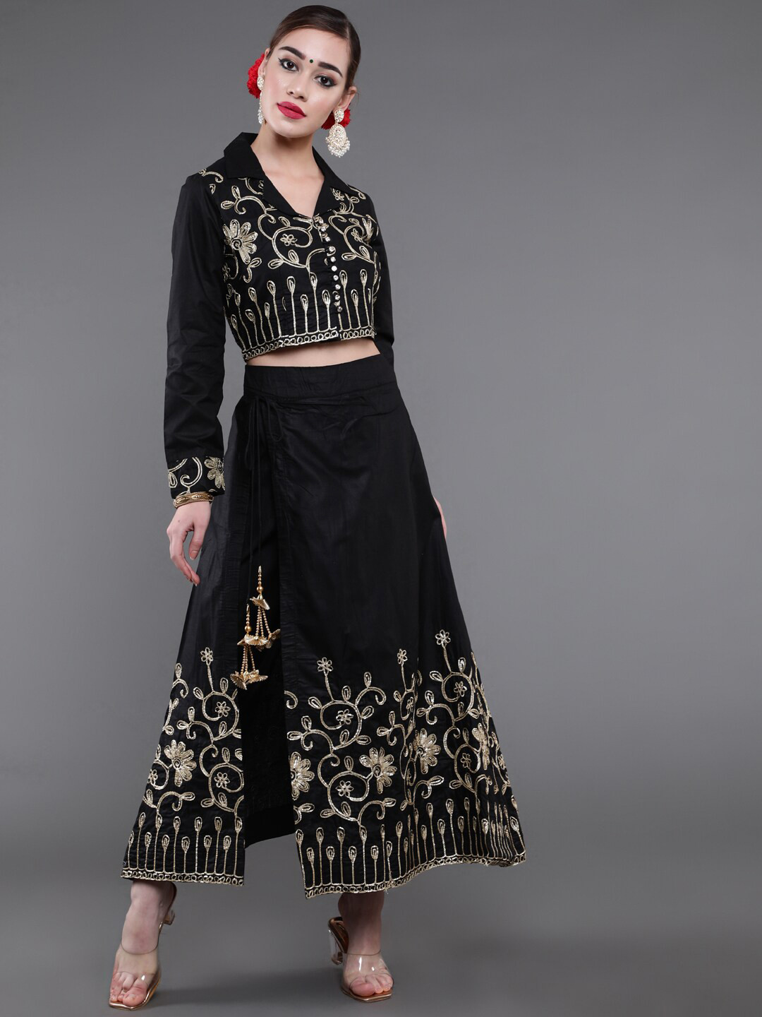 

saubhagya Embroidered Thread Work Ready to Wear Cotton Lehenga Choli, Black
