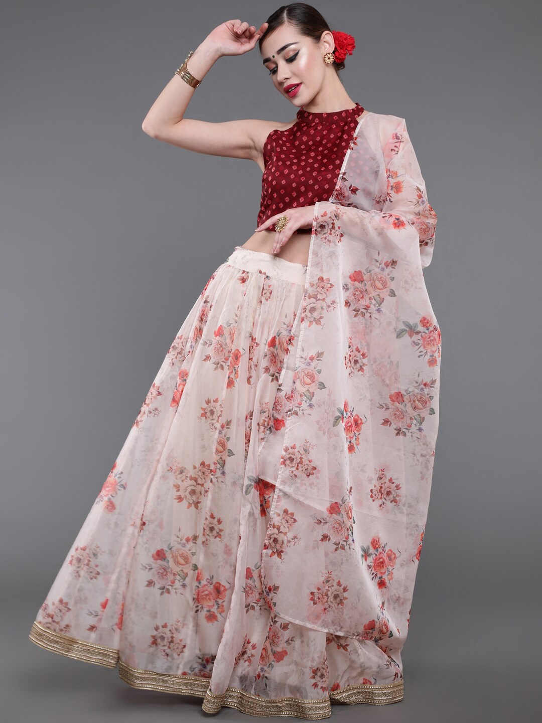 

saubhagya Printed Ready to Wear Lehenga & Blouse With Dupatta, Cream