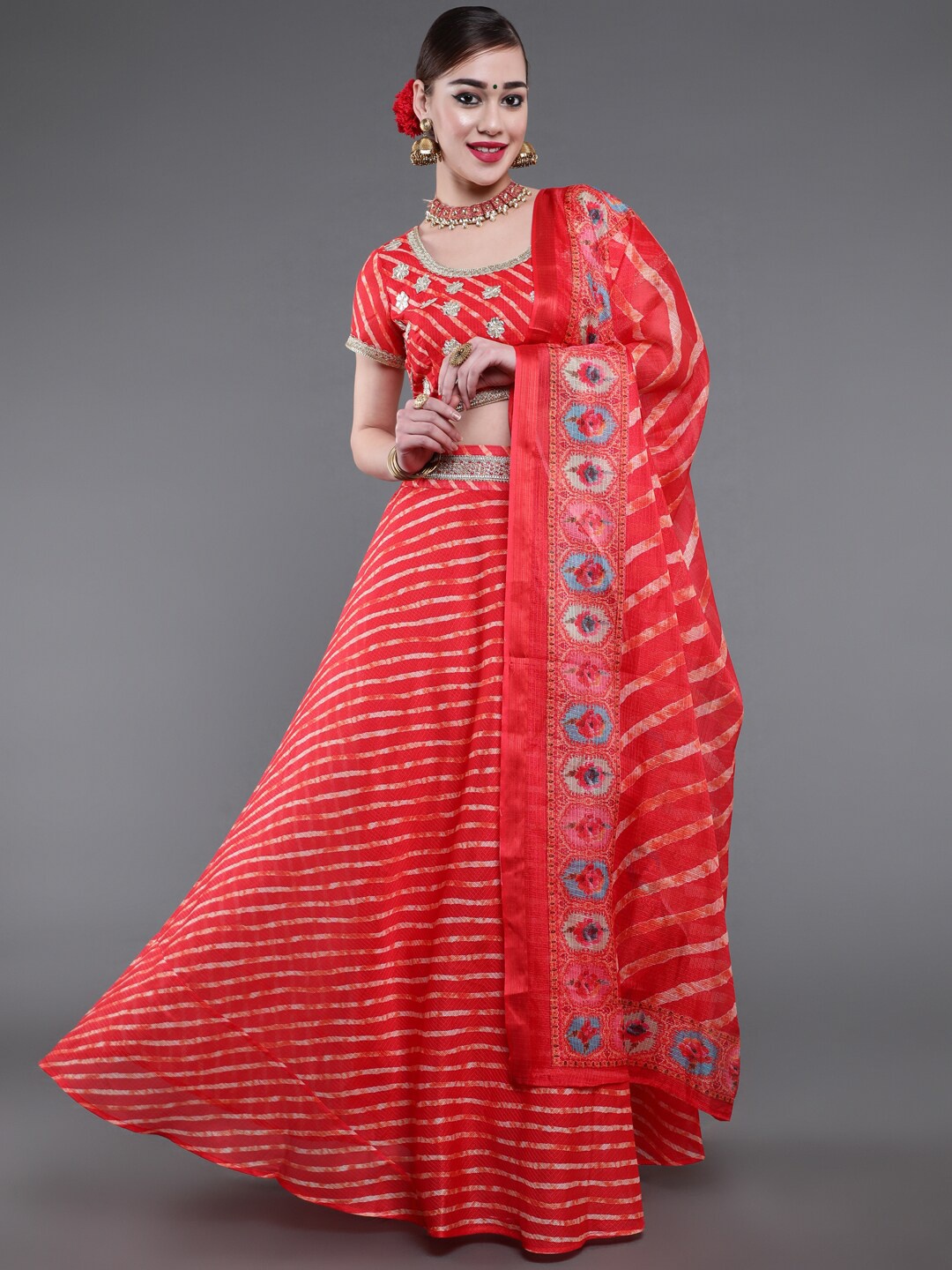 

saubhagya Leheriya Printed Ready to Wear Lehenga & Blouse With Dupatta, Red