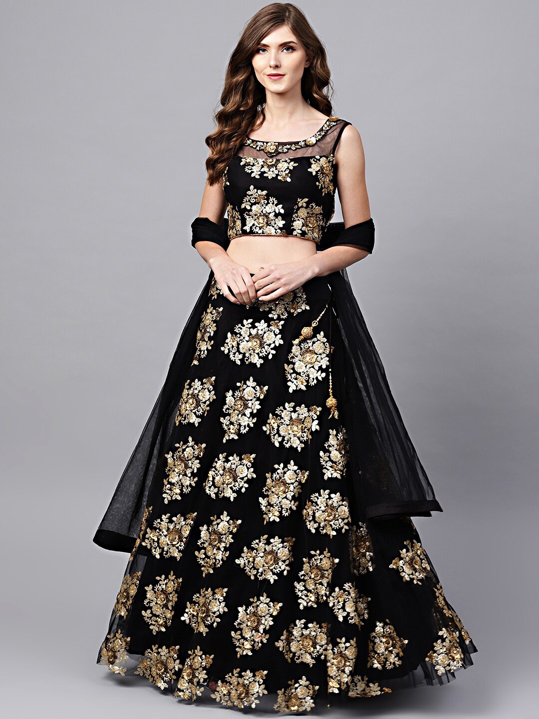 

FABPIXEL Embroidered Net Semi-Stitched Lehenga & Unstitched Blouse With Dupatta, Black