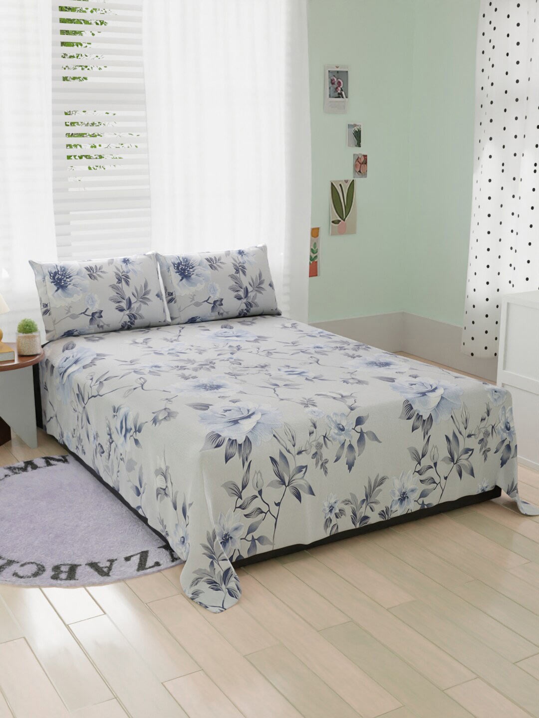 

BELVOSTUM Grey & Blue Floral 240 TC Microfiber Double King Bedsheet With 2 Pillow Covers
