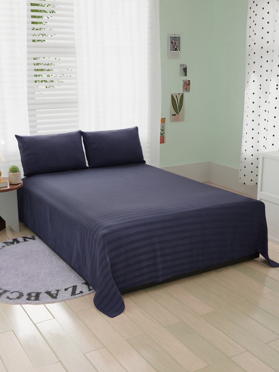 

BELVOSTUM Navy Blue Striped Cotton 220 TC King Bedsheet with 2 Pillow Covers
