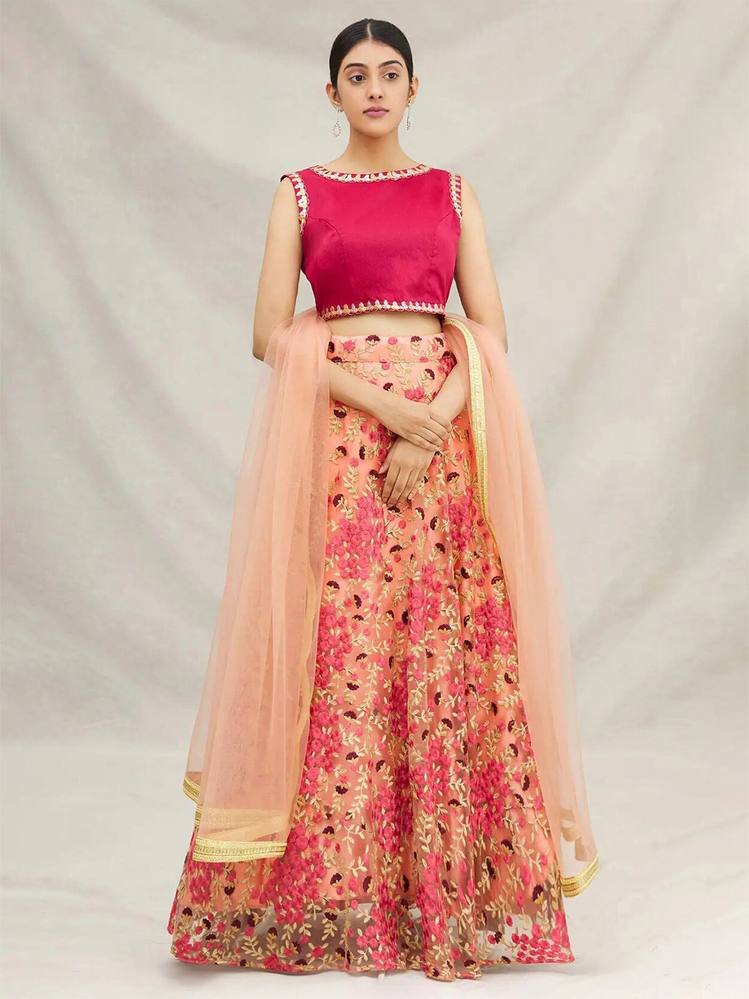 

FABPIXEL Embroidered Thread Work Semi-Stitched Lehenga & Unstitched Blouse With Dupatta, Pink