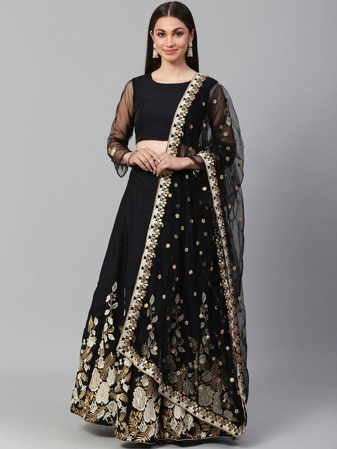 

FABPIXEL Embroidered Thread Work Semi-Stitched Lehenga & Unstitched Blouse With Dupatta, Black