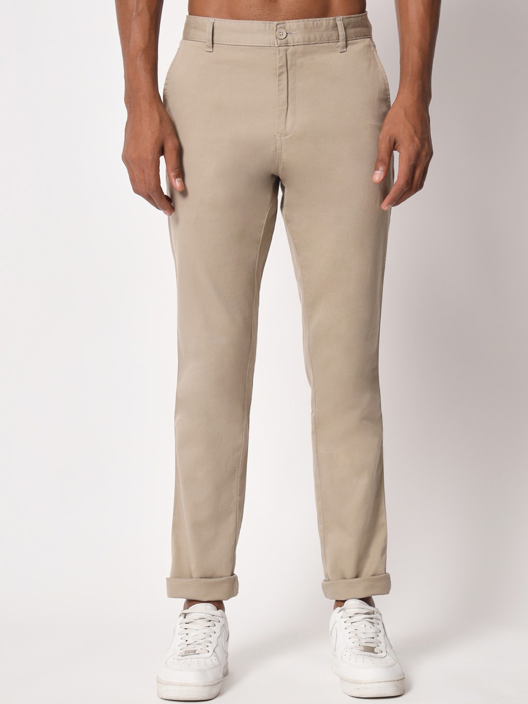 

Aristitch Men Flat-Front Mid-Rise Smart Chinos Trousers, Beige