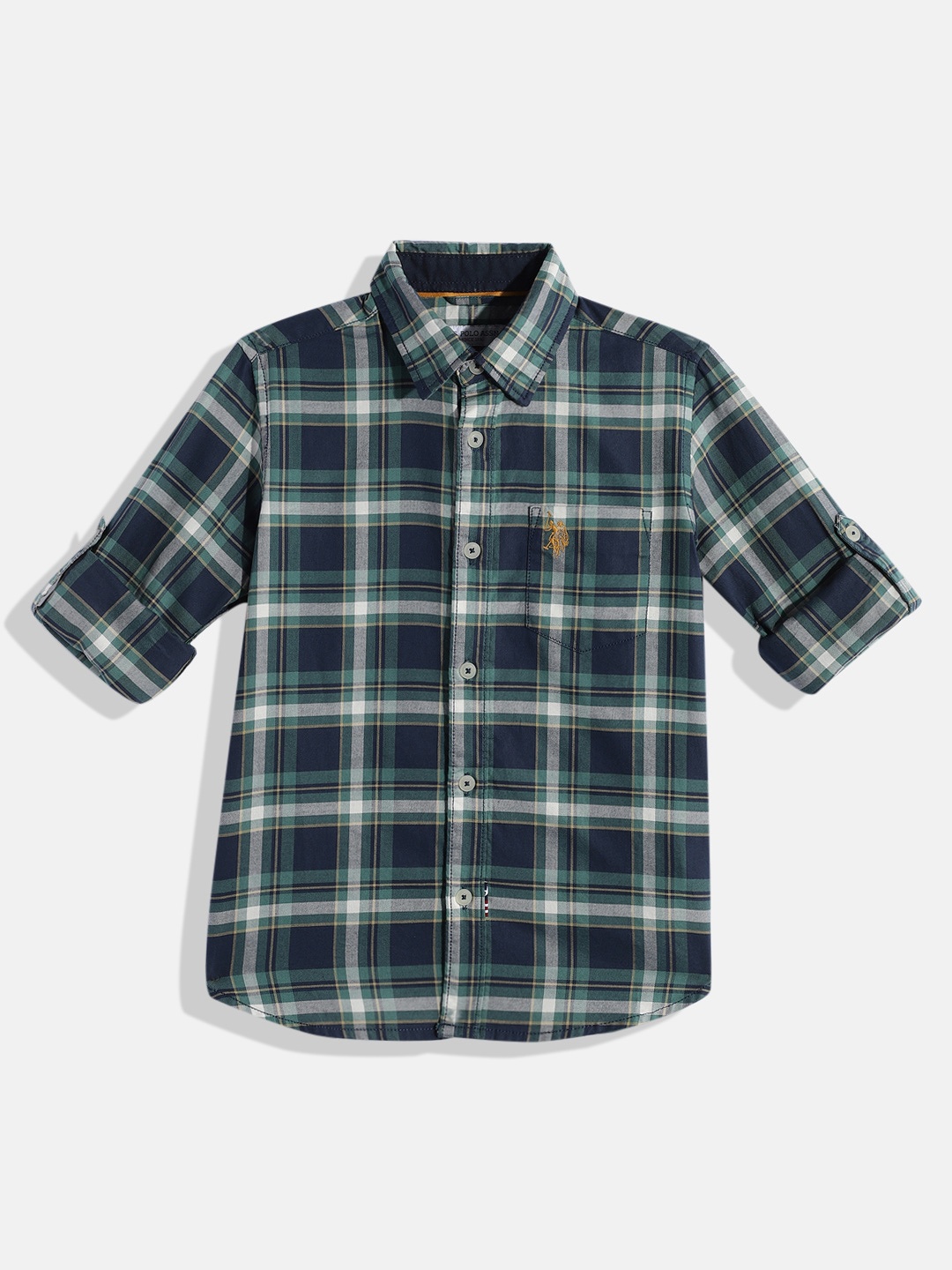 

U.S. Polo Assn. Kids Boys Tartan Checks Opaque Pure Cotton Casual Shirt With Chest Pocket, Navy blue