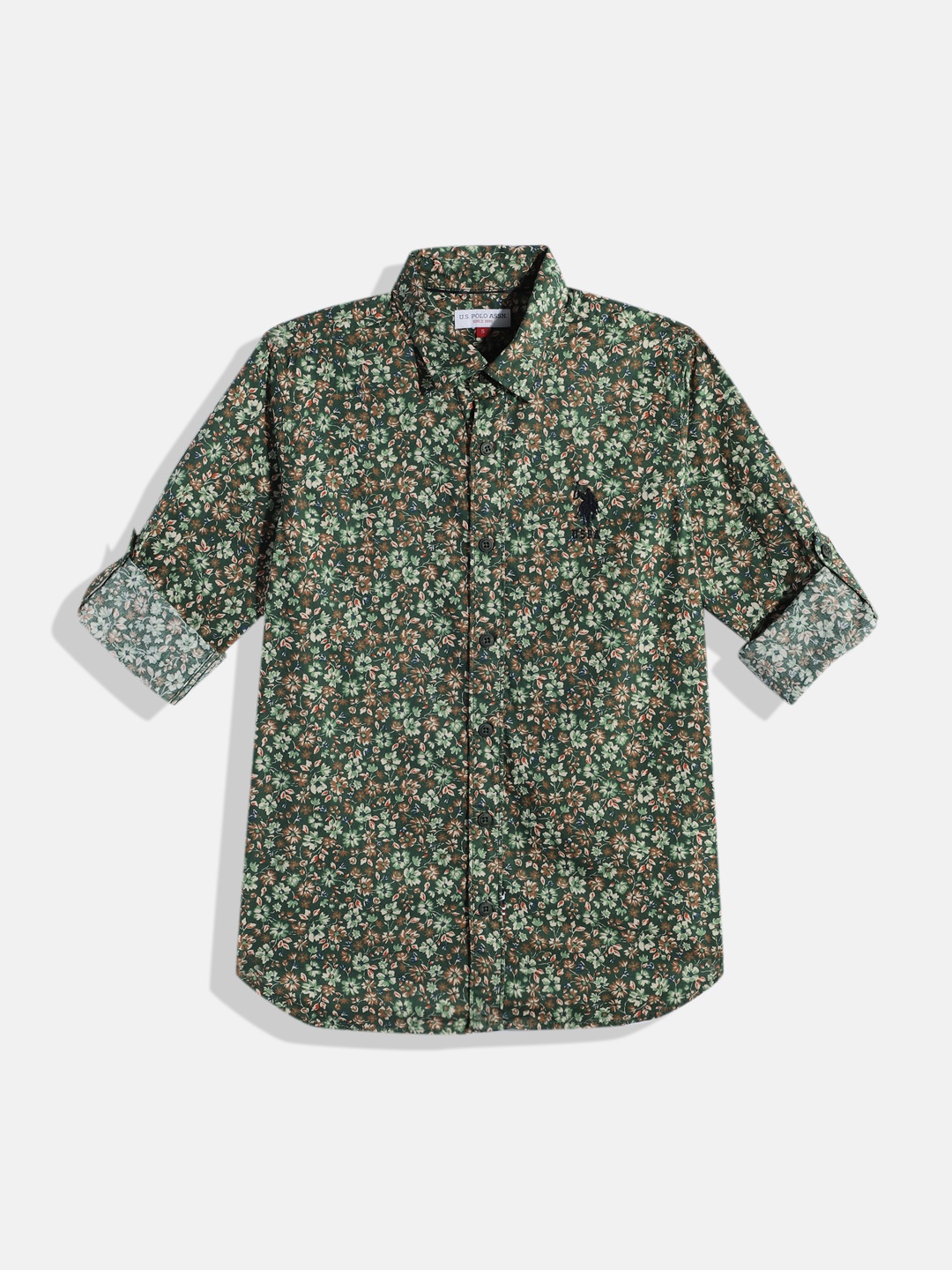 

U.S. Polo Assn. Kids Boys Floral Opaque Printed Pure Cotton Casual Shirt, Green