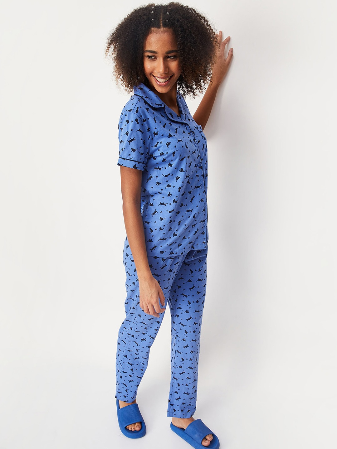 

max Conversational Printed Pure Cotton Night Suit, Blue