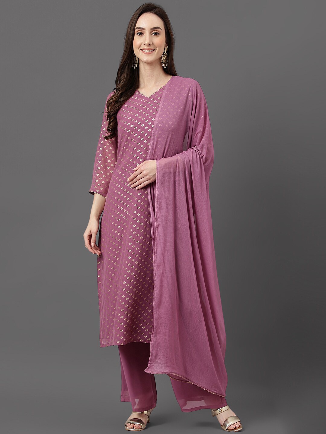 

Janasya Women Ethnic Motifs Foil Printed V-Neck Kurta with Palazzos And Dupatta, Mauve