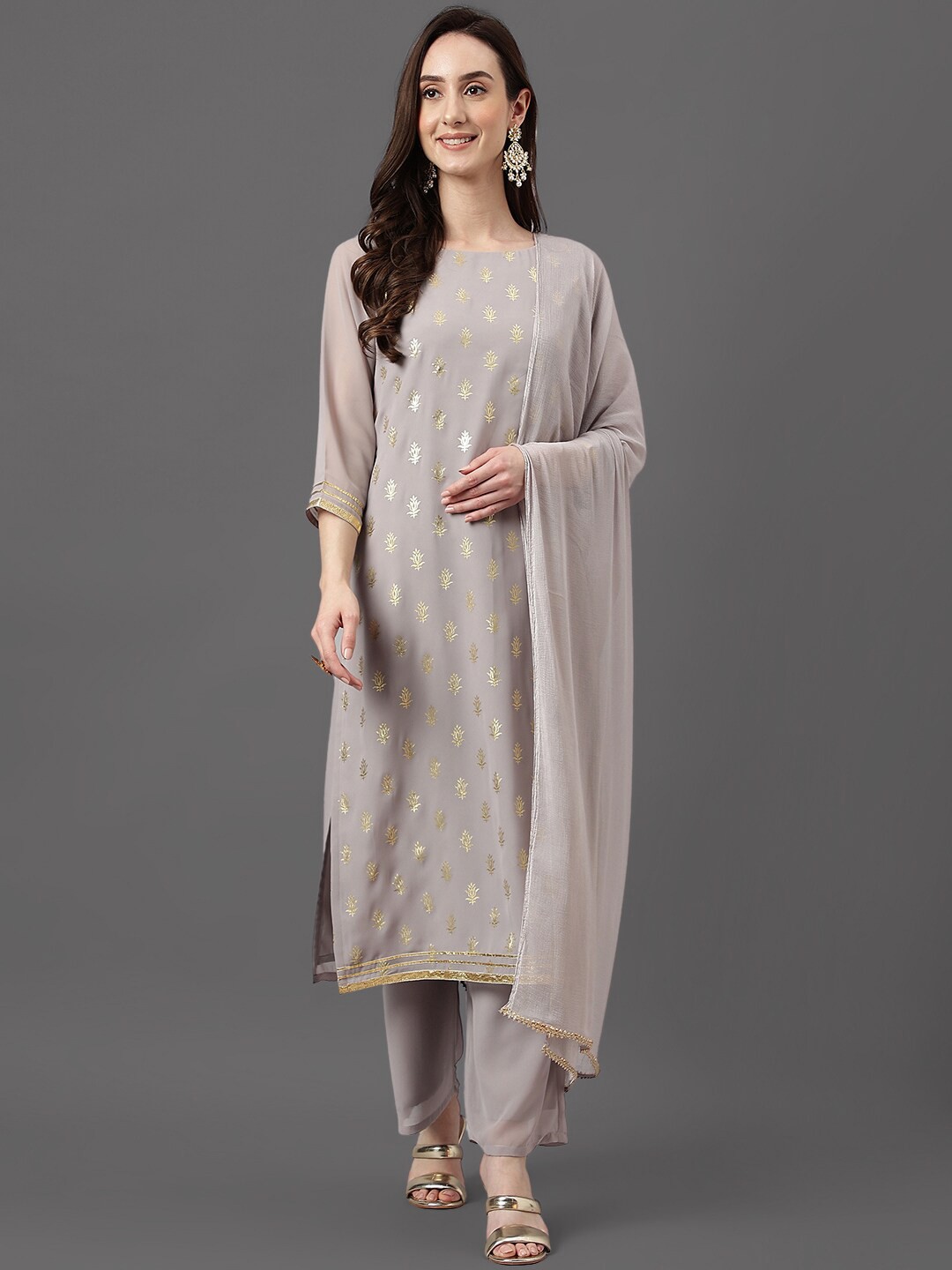 

Janasya Floral Foil Printed Kurta with Palazzos & Dupatta, Brown