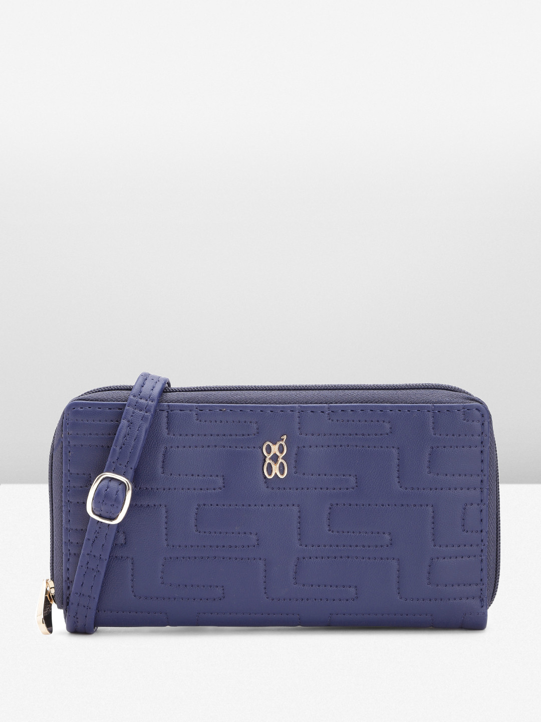 

Baggit Women Geometric Self Design PU Zip Around Wallet With Sling Strap, Blue