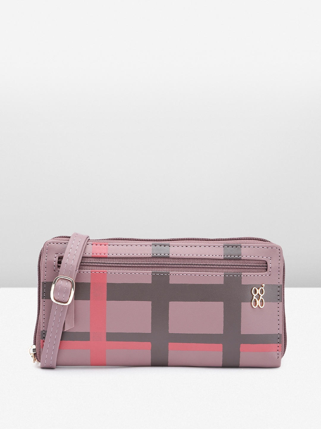 

Baggit Women Checked PU Zip Around Wallet With A Sling Strap, Mauve