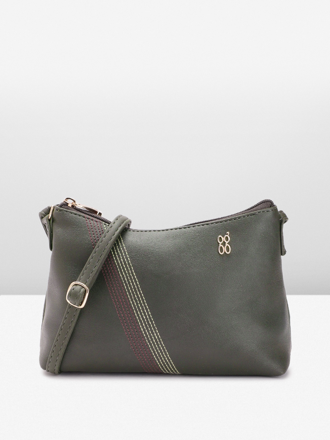 

Baggit Solid PU Structured Sling Bag With Thread Striped Detail, Olive