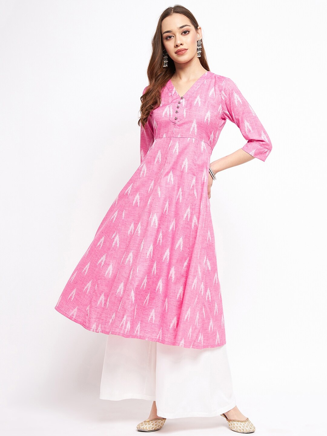 

One of a Kind V-Neck Ethnic Motifs Printed Ikat Pure Cotton Anarkali Kurta, Pink