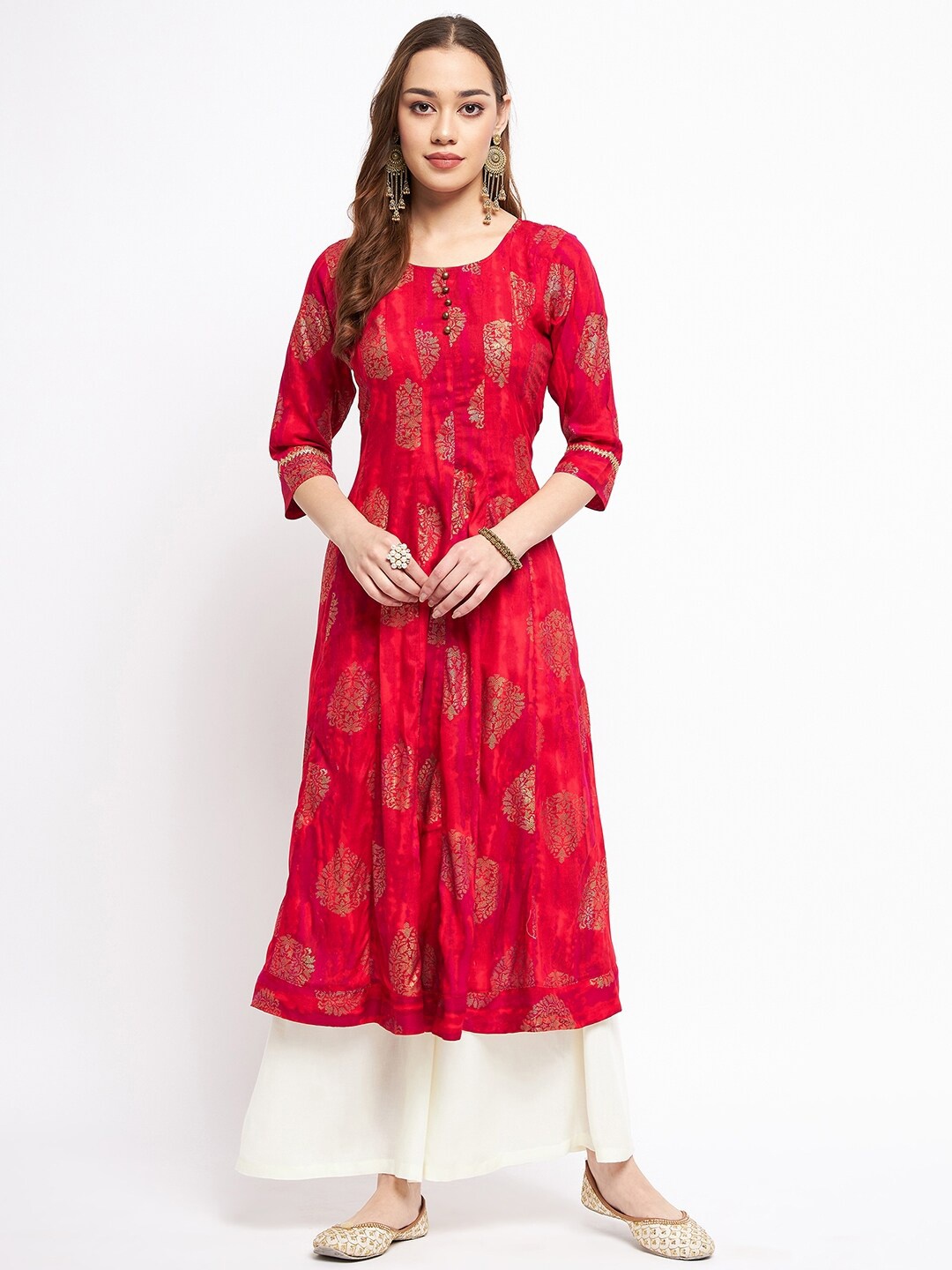 

One of a Kind Round Neck Ethnic Motifs Printed Pure Cotton Anarkali Kurta, Red