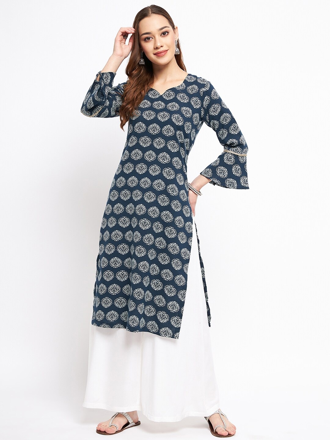 

One of a Kind Notch Neck Ethnic Motifs Block Printed Pure Cotton Kurta, Navy blue