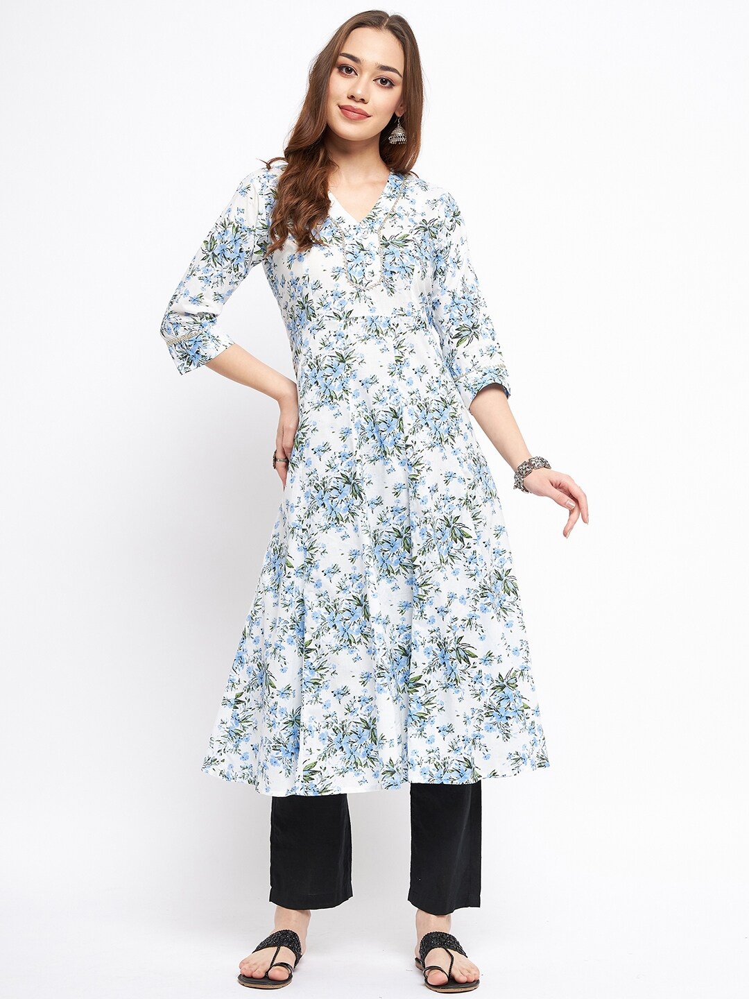 

One of a Kind Floral Printed V-Neck Anarkali Kurti, White