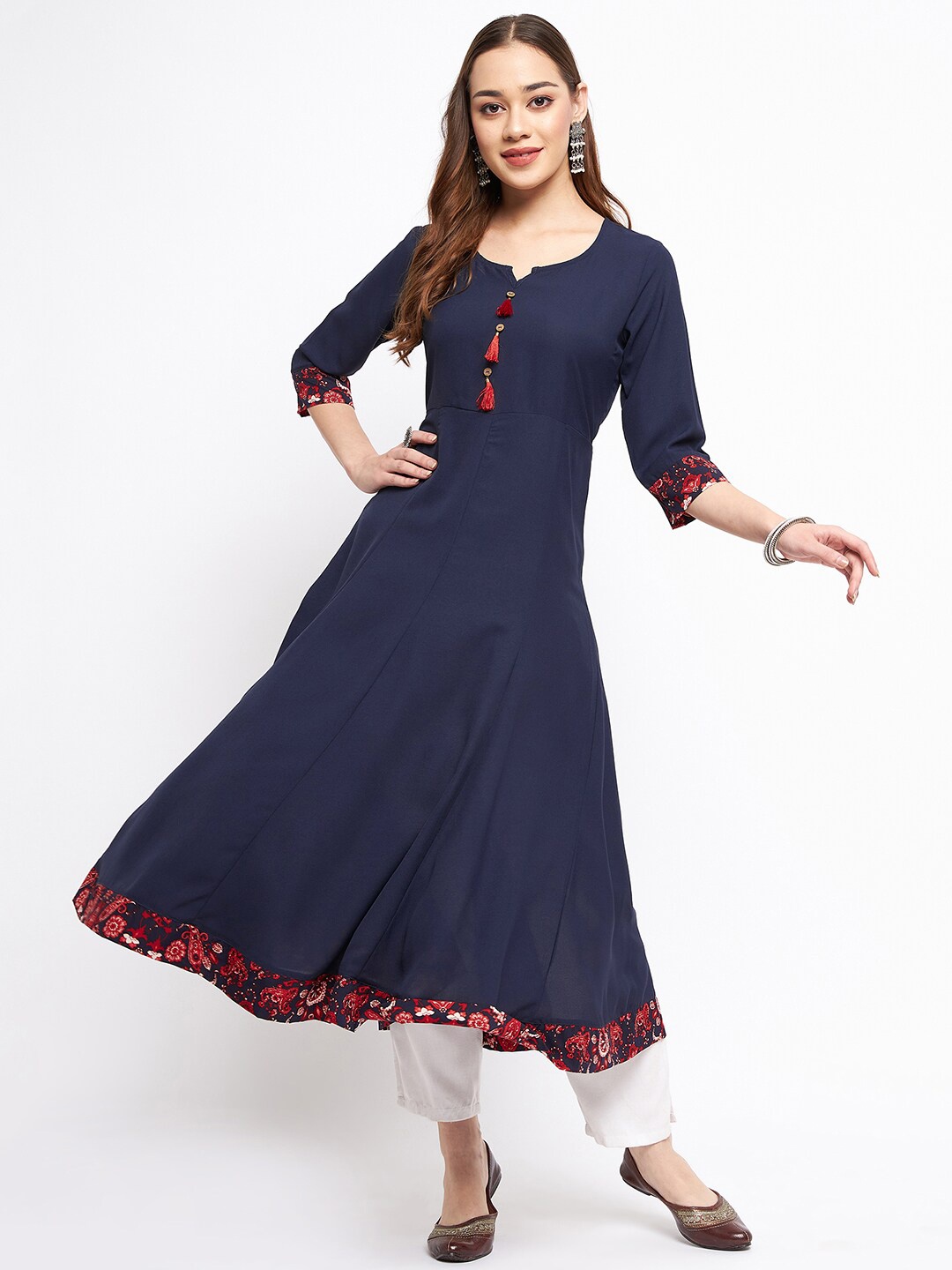 

One of a Kind Round Neck Anarkali Kurta With Border, Navy blue
