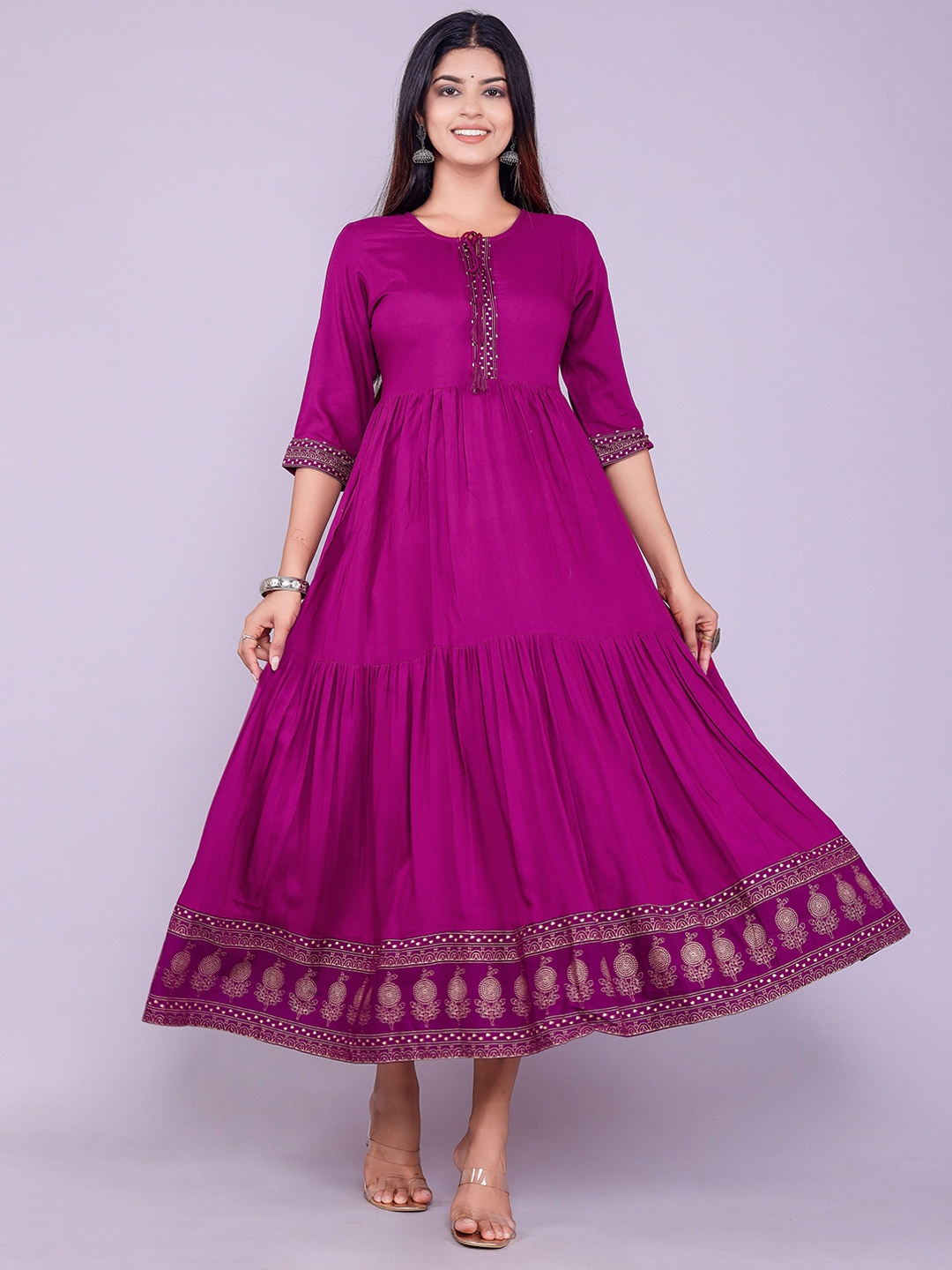 

Sanganeri Kurti Tie Up Neck Tiered Ethnic Dress, Purple