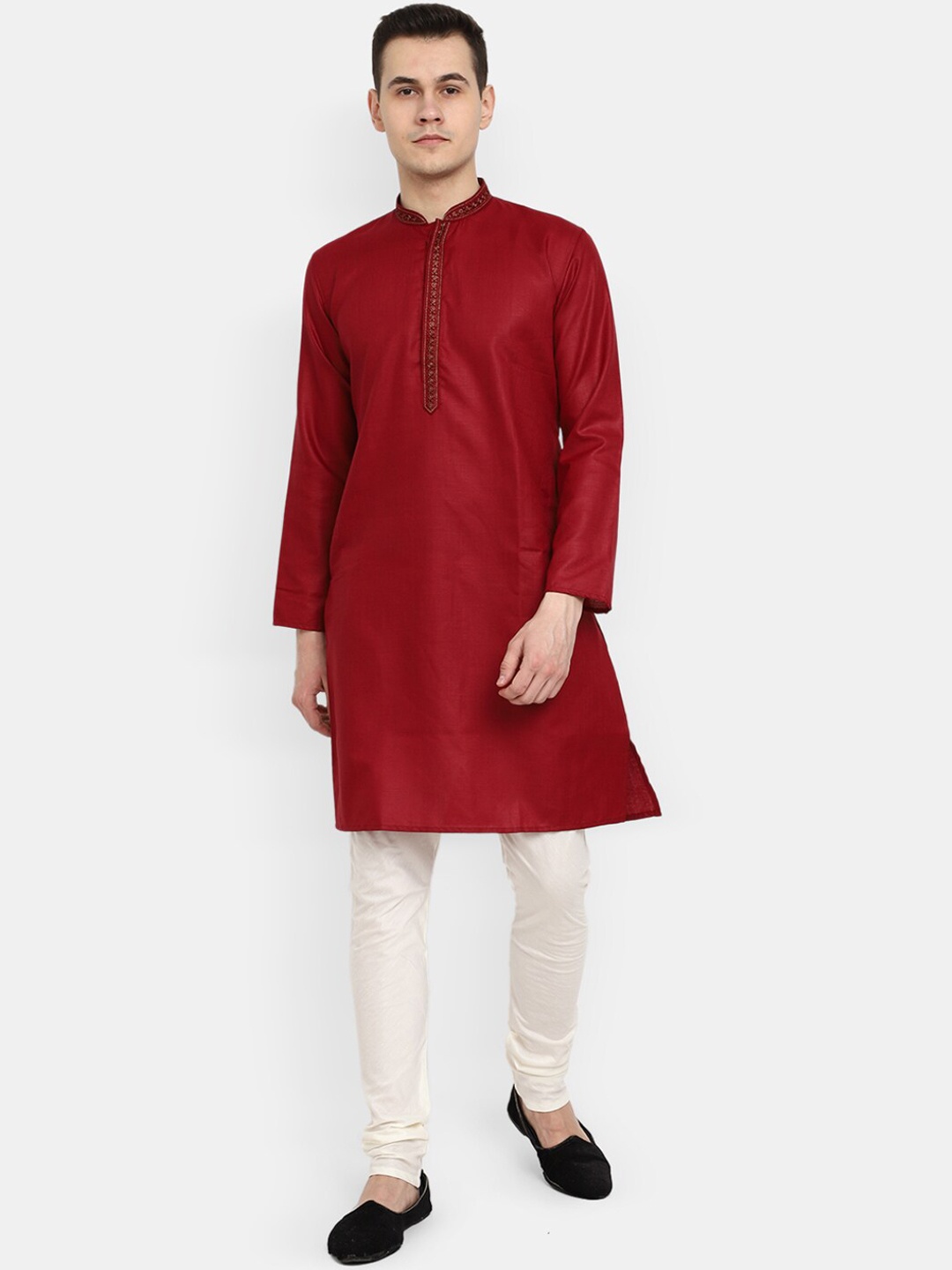 

V-Mart Mandarin Collar Thread Work Kurta With Churidar, Maroon