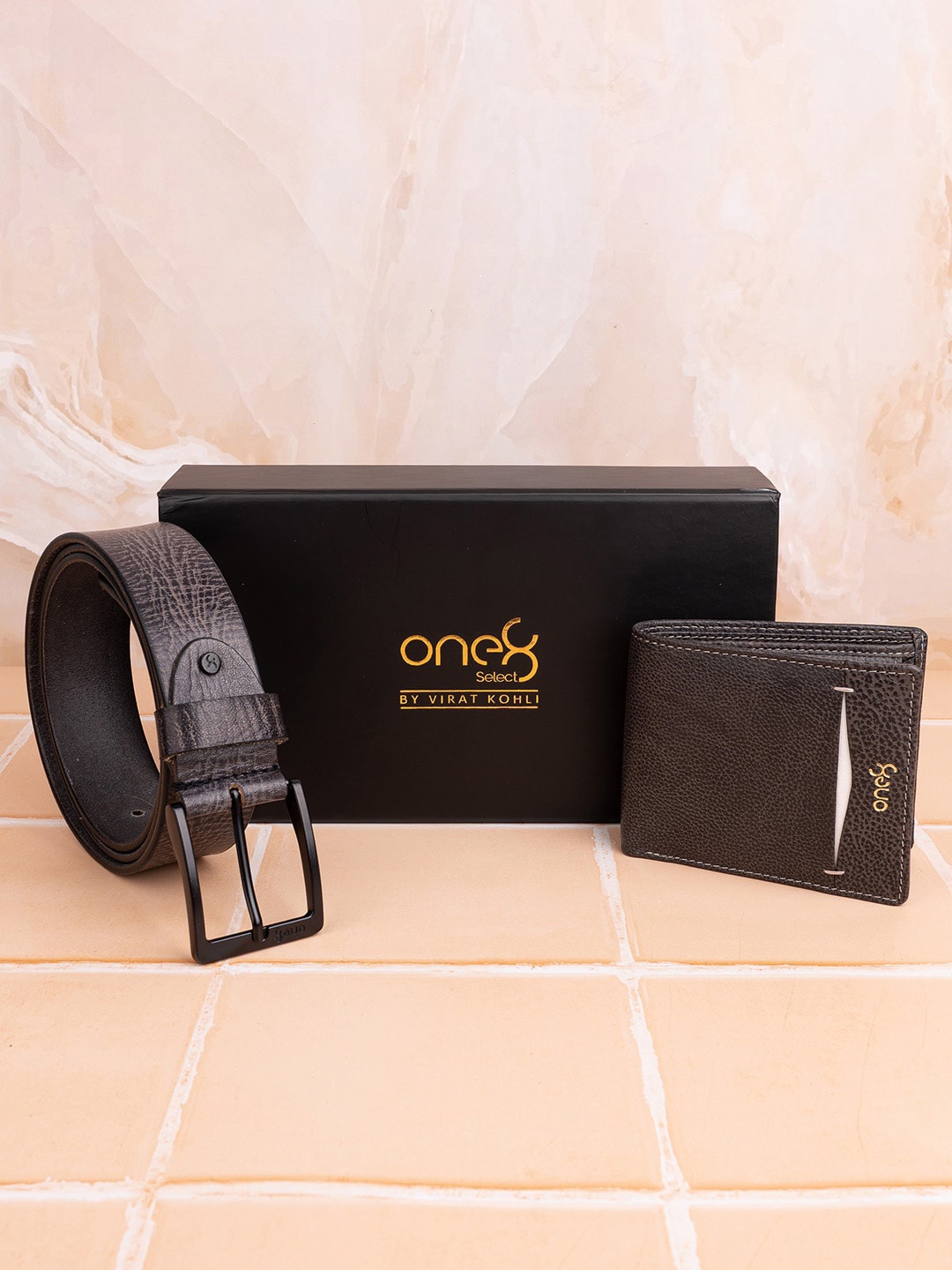 

One8 Men Textured Genuine Leather Accessory Gift Set, Brown