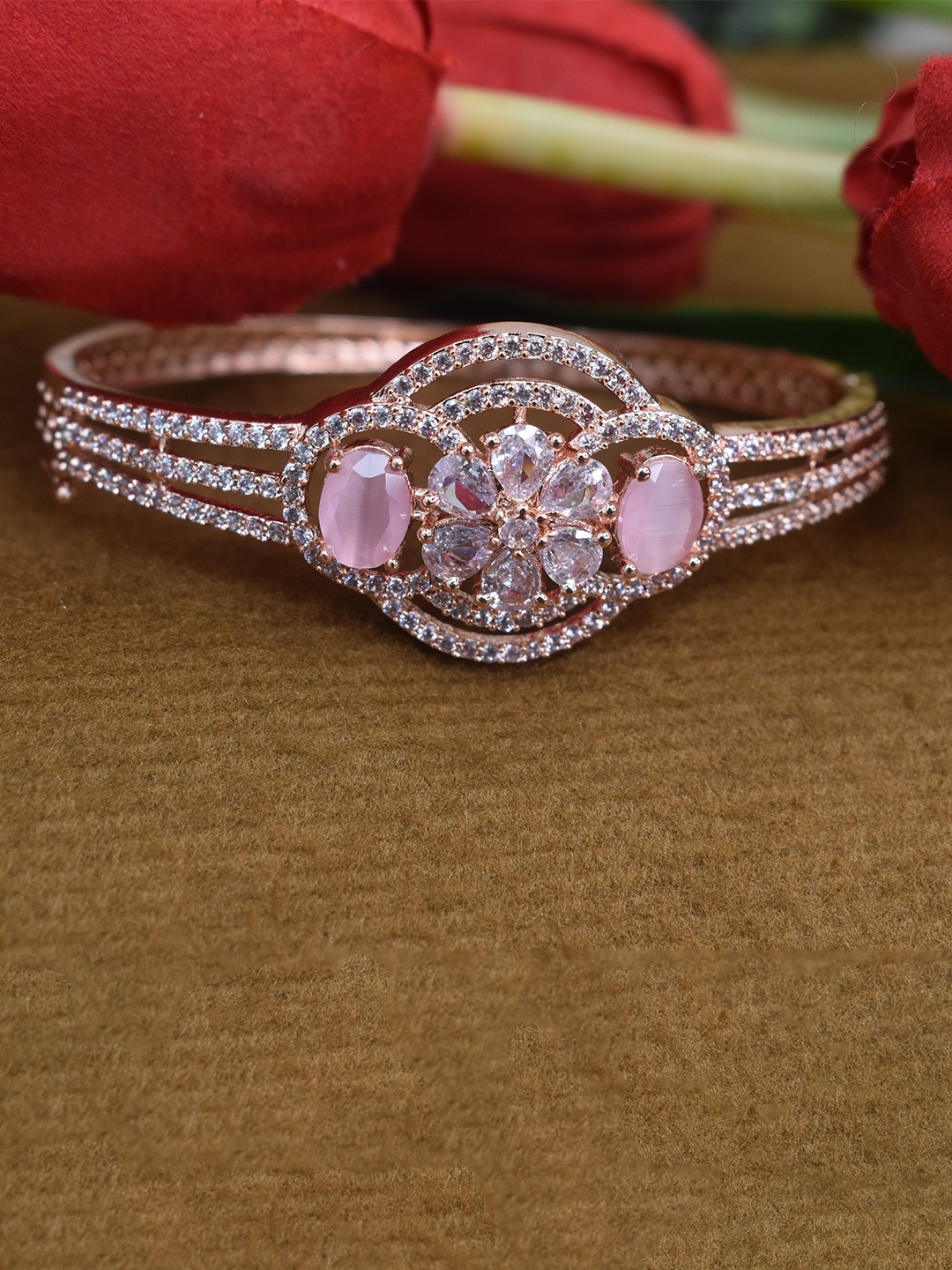 

STEORRA JEWELS Women Gold-Plated American Diamond Antique Kada Bracelet, Pink