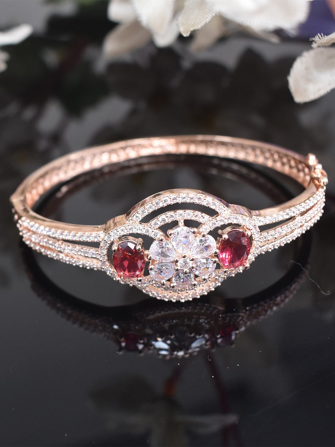 

STEORRA JEWELS Rose Gold-Plated AD-Studded Adjustable Bangle-Style Bracelet, White