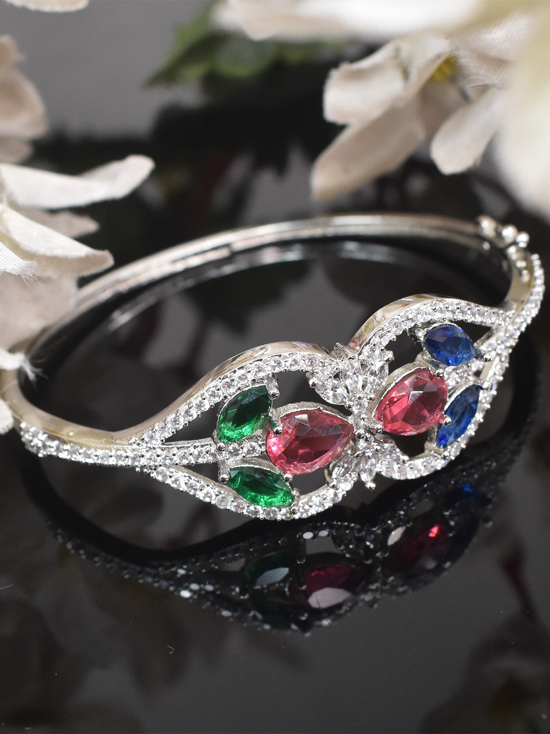 

STEORRA JEWELS Women Silver-Plated American Diamond Kada Bracelet, Red