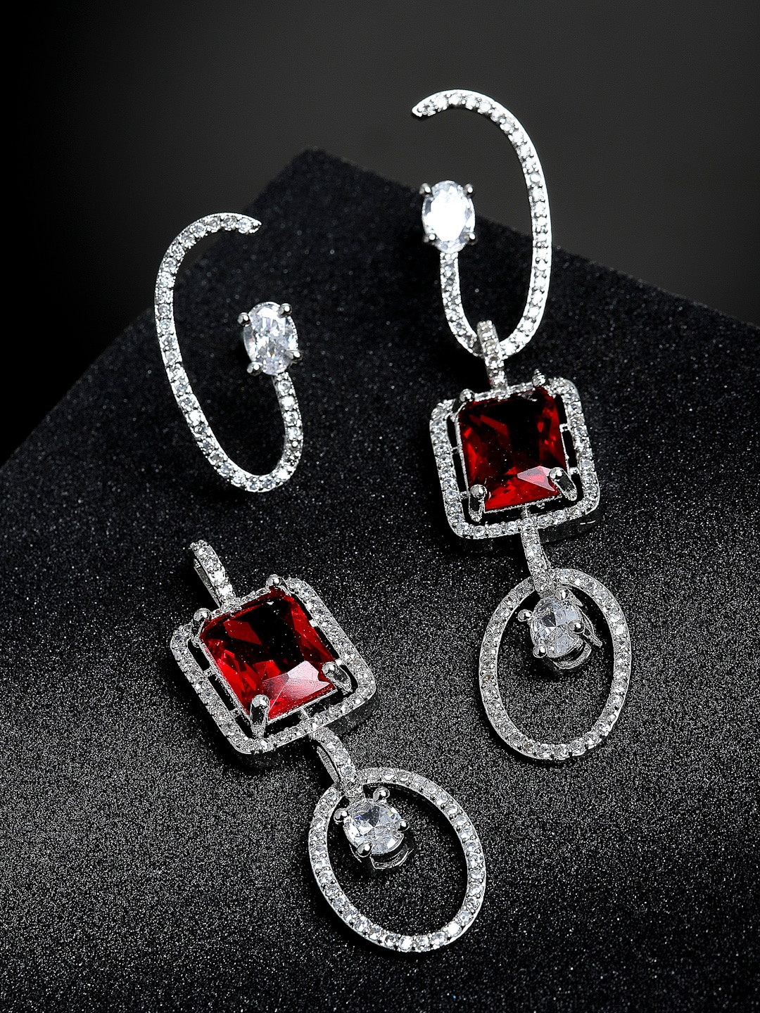 

ZENEME Silver-Plated Geometric Drop Earrings, Red